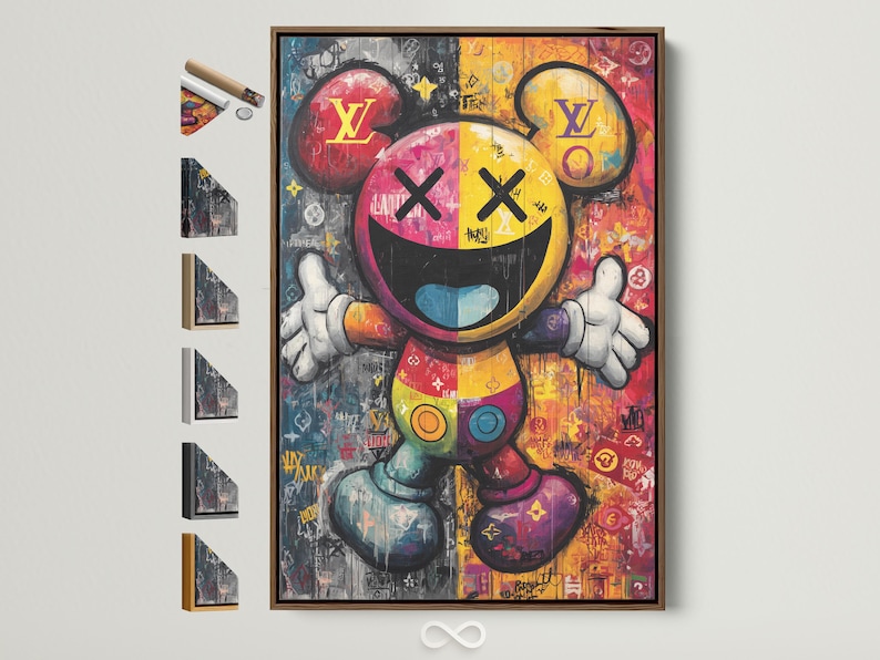 Colourful pop-art Mickey character portrait with thick black outlines and graffiti collage background