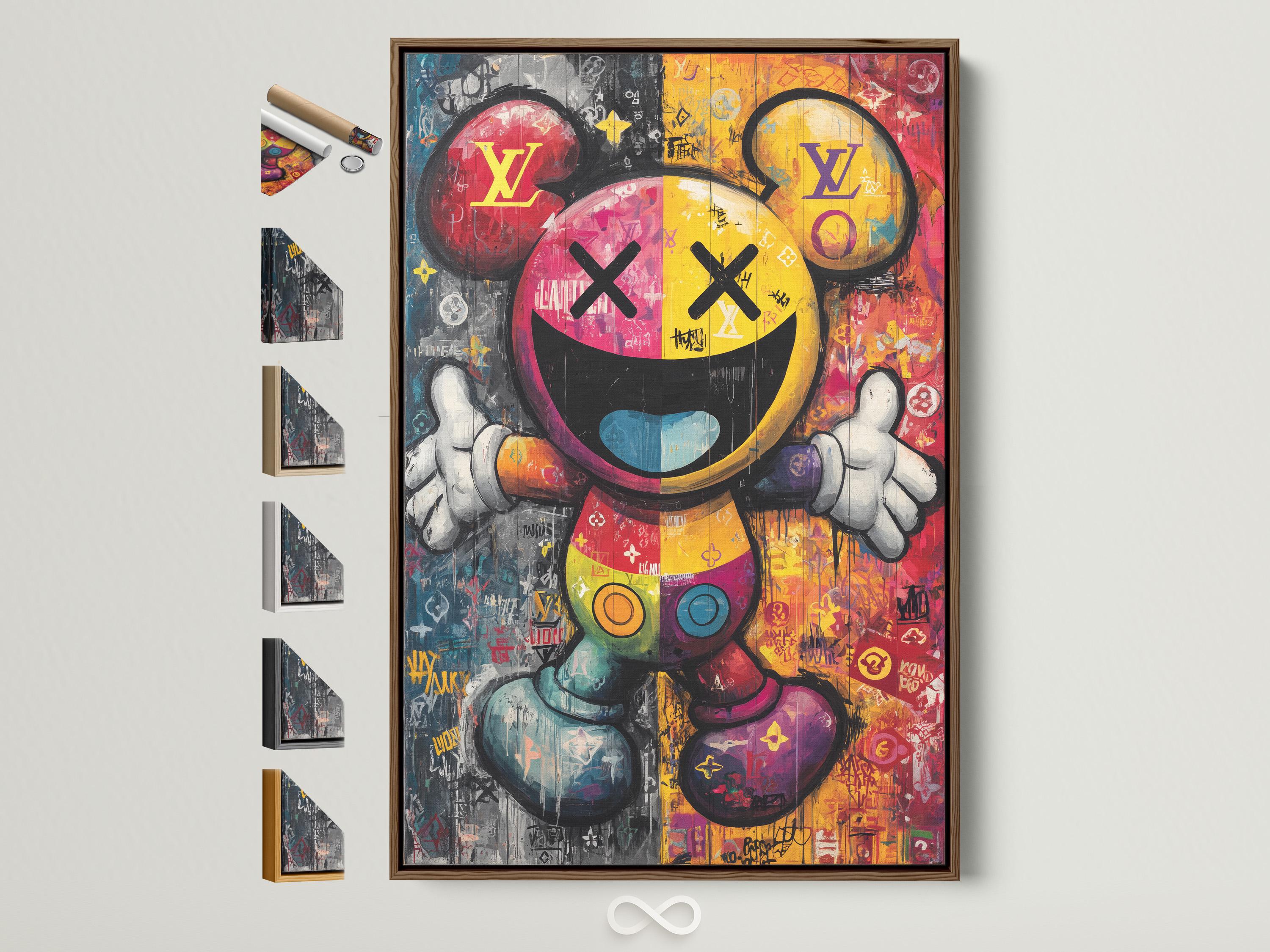 Colourful pop-art Mickey character portrait with thick black outlines and graffiti collage background