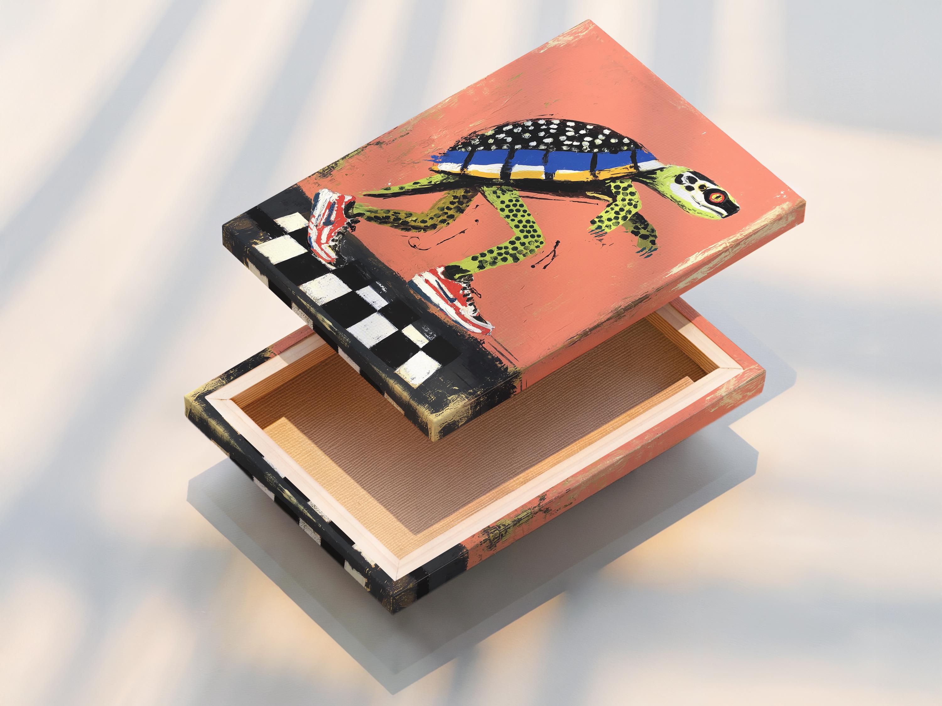 Cartoon turtle skateboarding on a black and white checkered ground against a coral background detail view