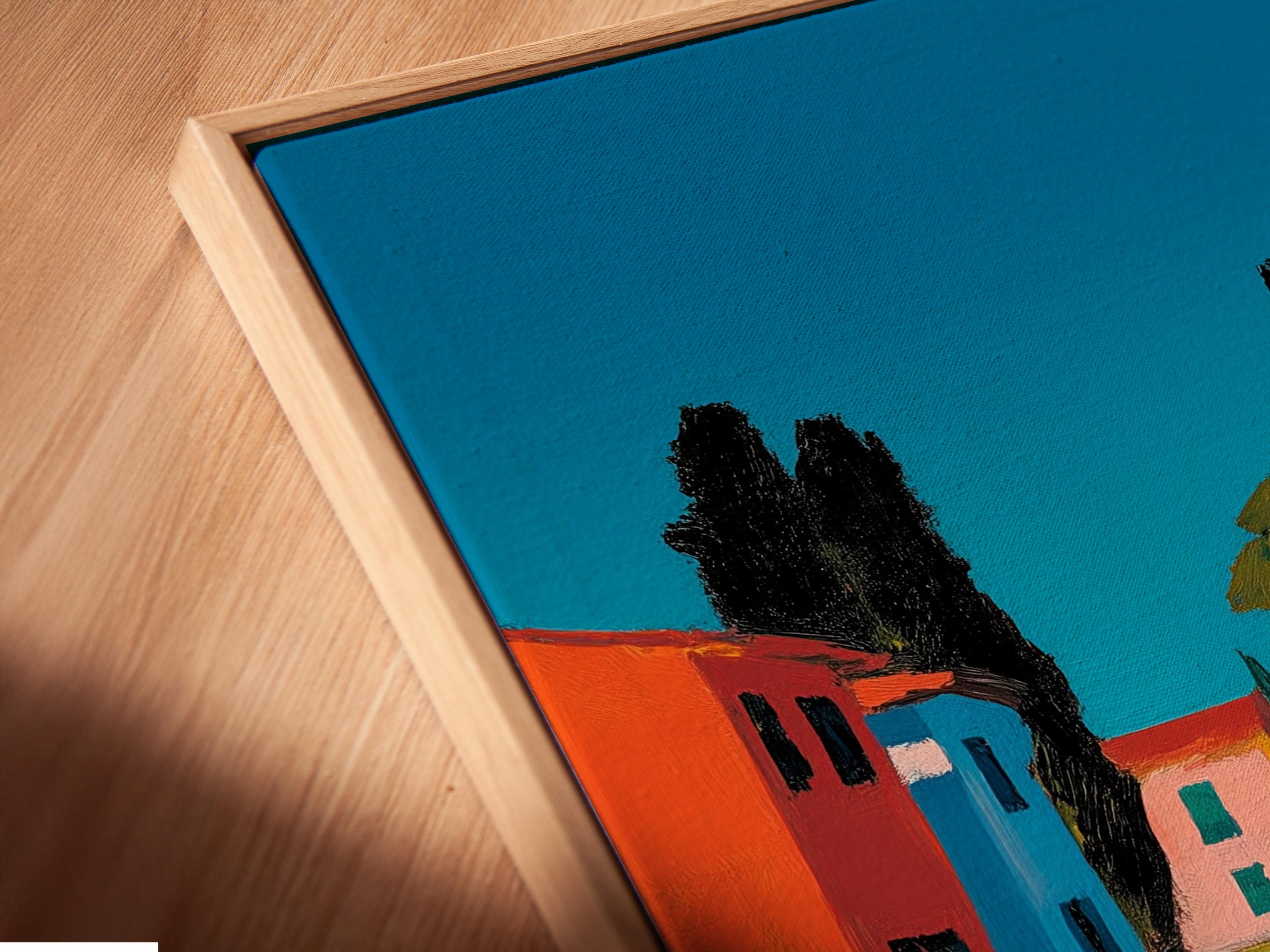 Blue coastal village painting showing colourful houses, a tower and a path leading to the sea detail view