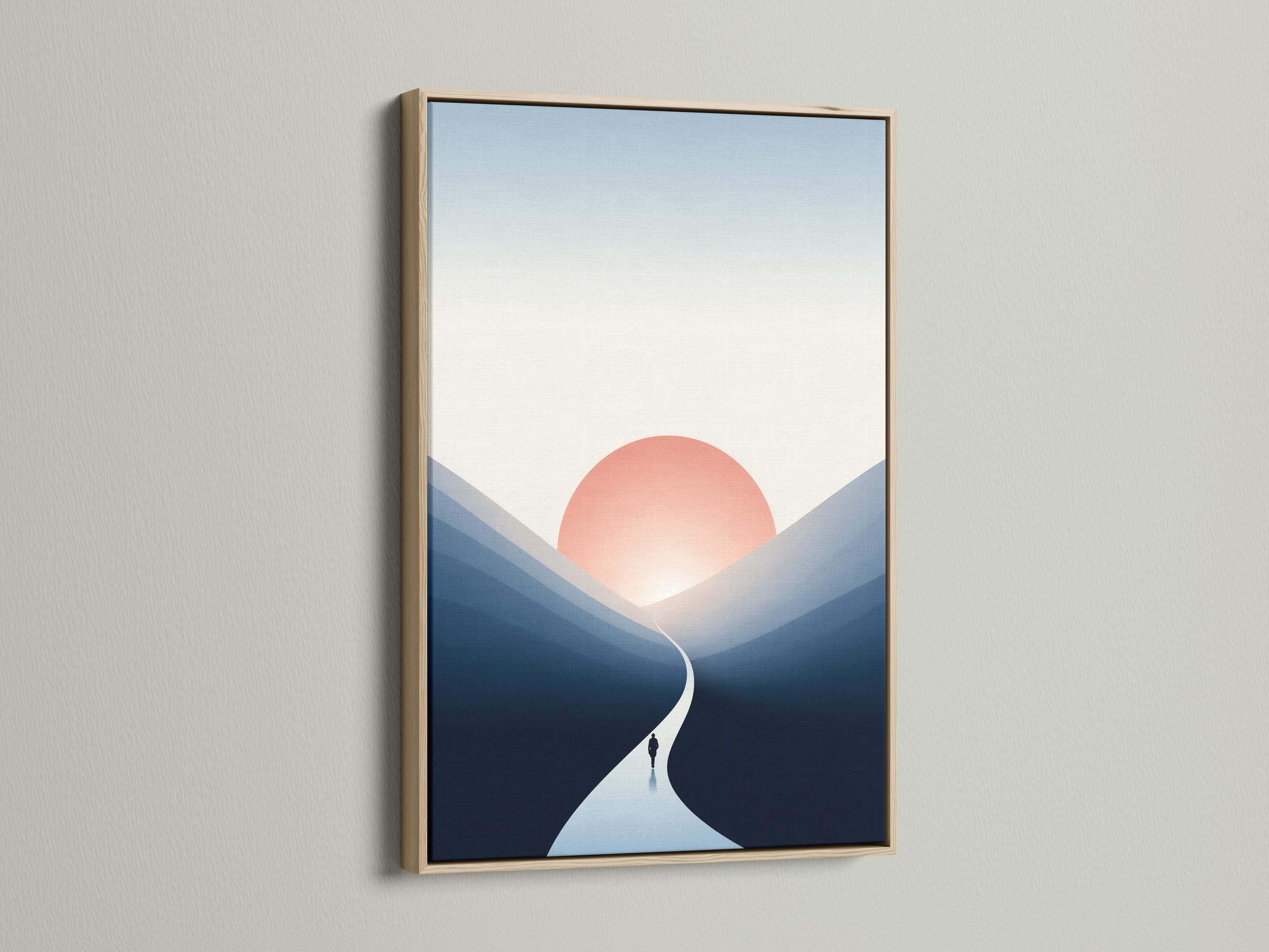 Peach sunrise over cool blue mountains with a winding pale path and a small silhouette figure detail view