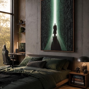 May include: A framed print showing a person walking into a bright light within a digital tunnel. The print is above a bed with dark green bedding. The room has a modern design with a desk and chair near a large window.