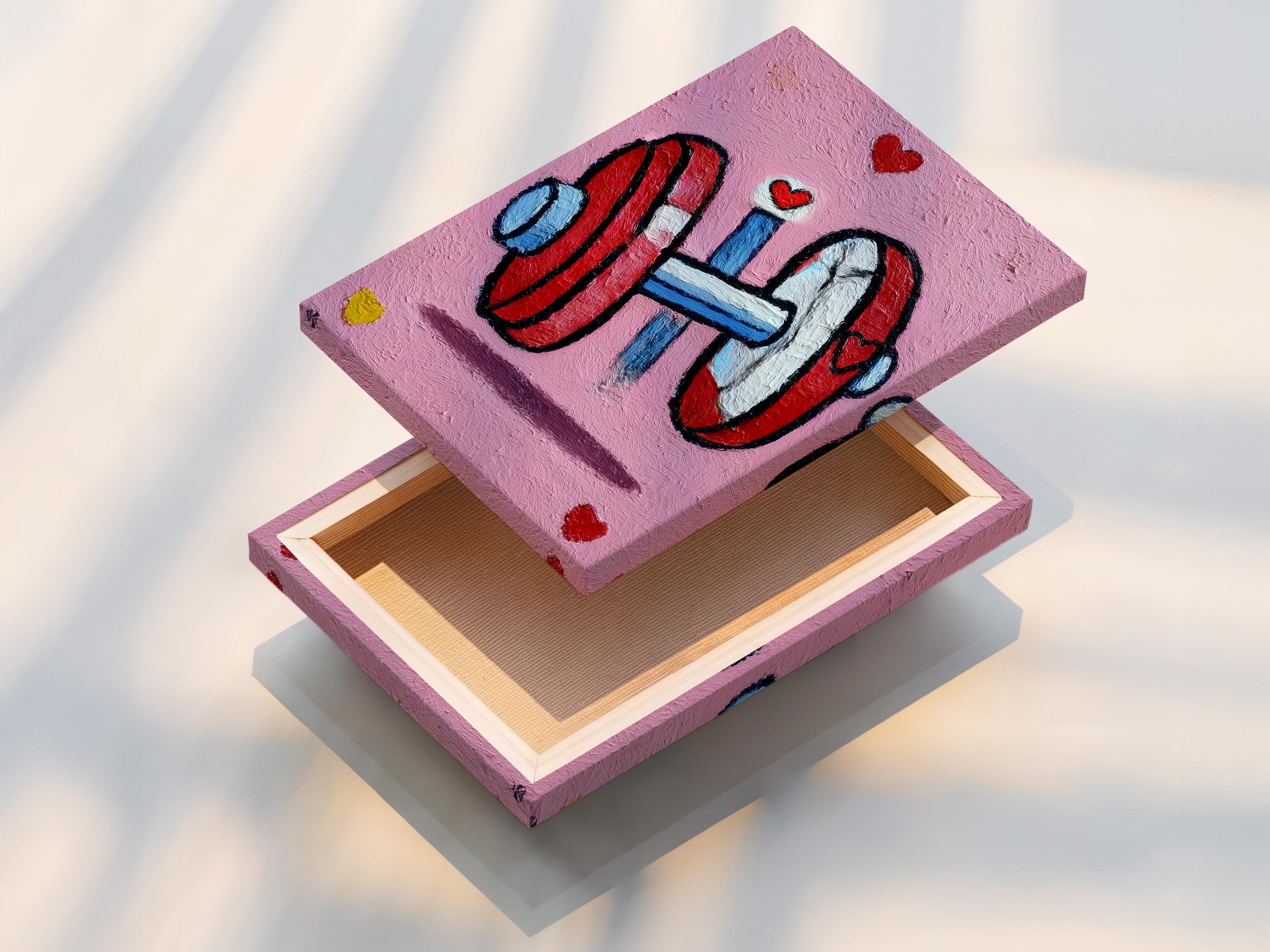 Room mockup showing a pink framed fitness artwork with a weightlifter holding a bar and red hearts