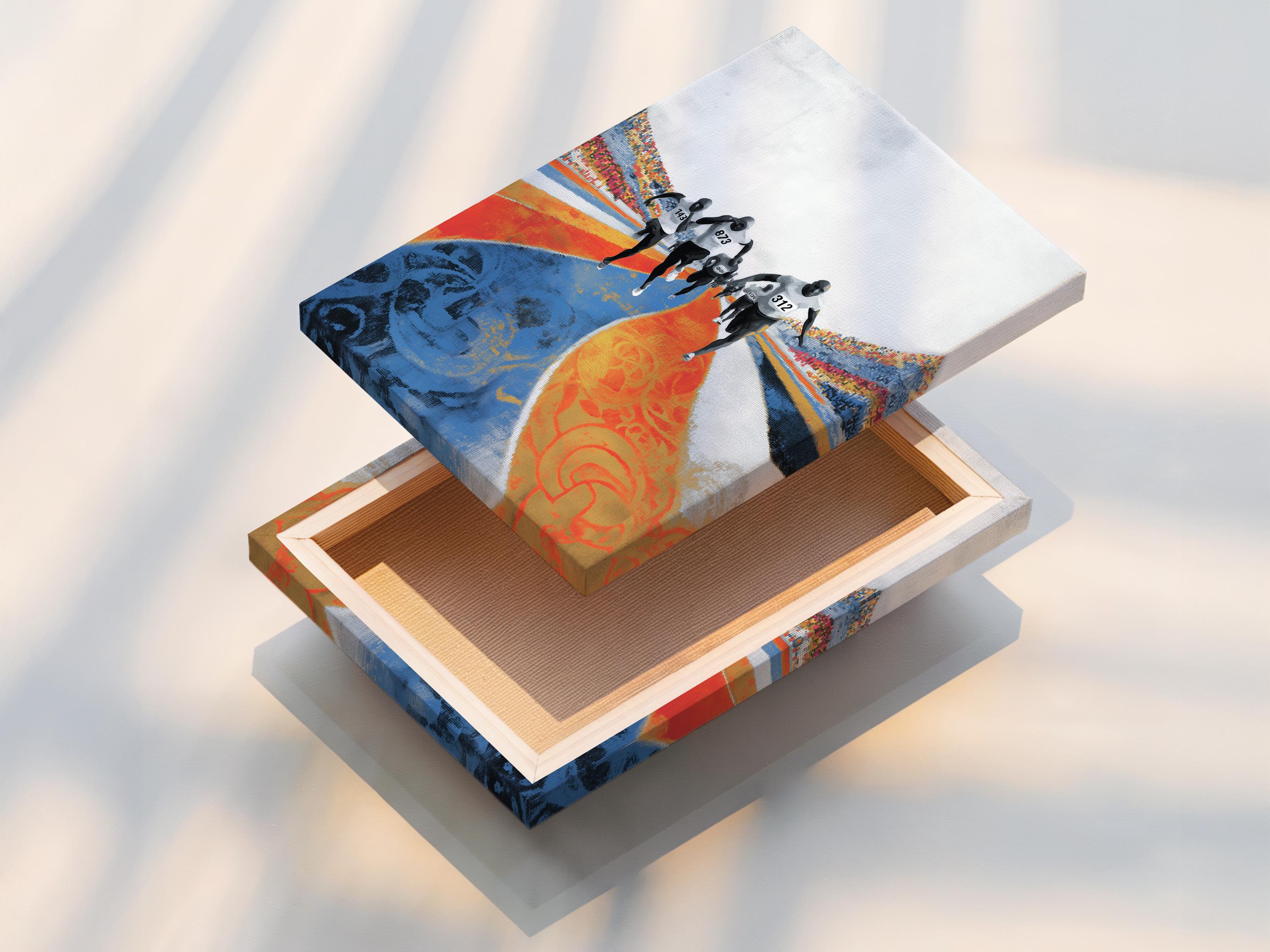 Marathon runner artwork shown in a wall mockup with frame thumbnails