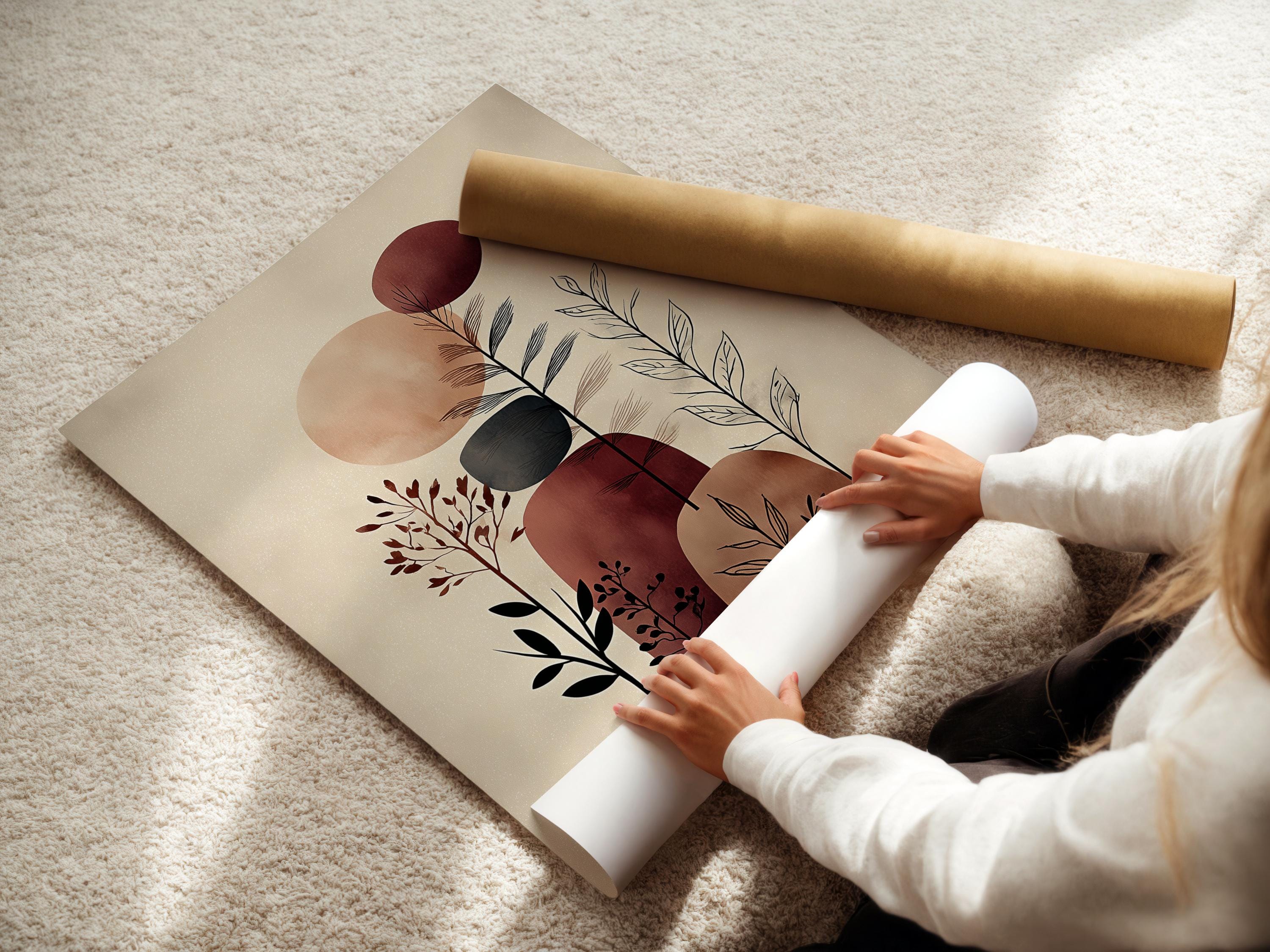 Abstract botanical illustration with beige background, terracotta and burgundy circles, and charcoal plant stems detail view