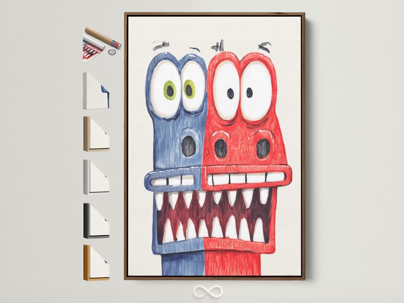 Red and blue cartoon monster with big eyes and a toothy grin on a pale background