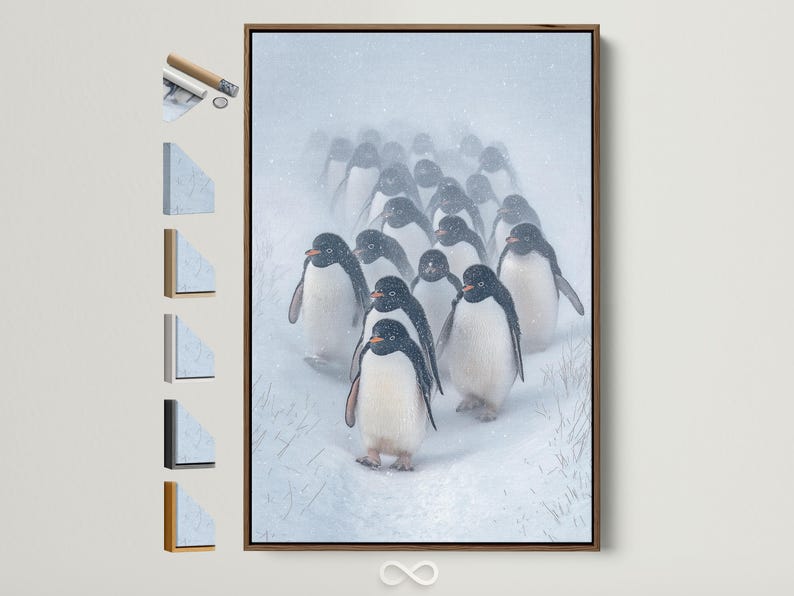 Snowy winter scene with a group of penguins in monochrome tones, with falling snow