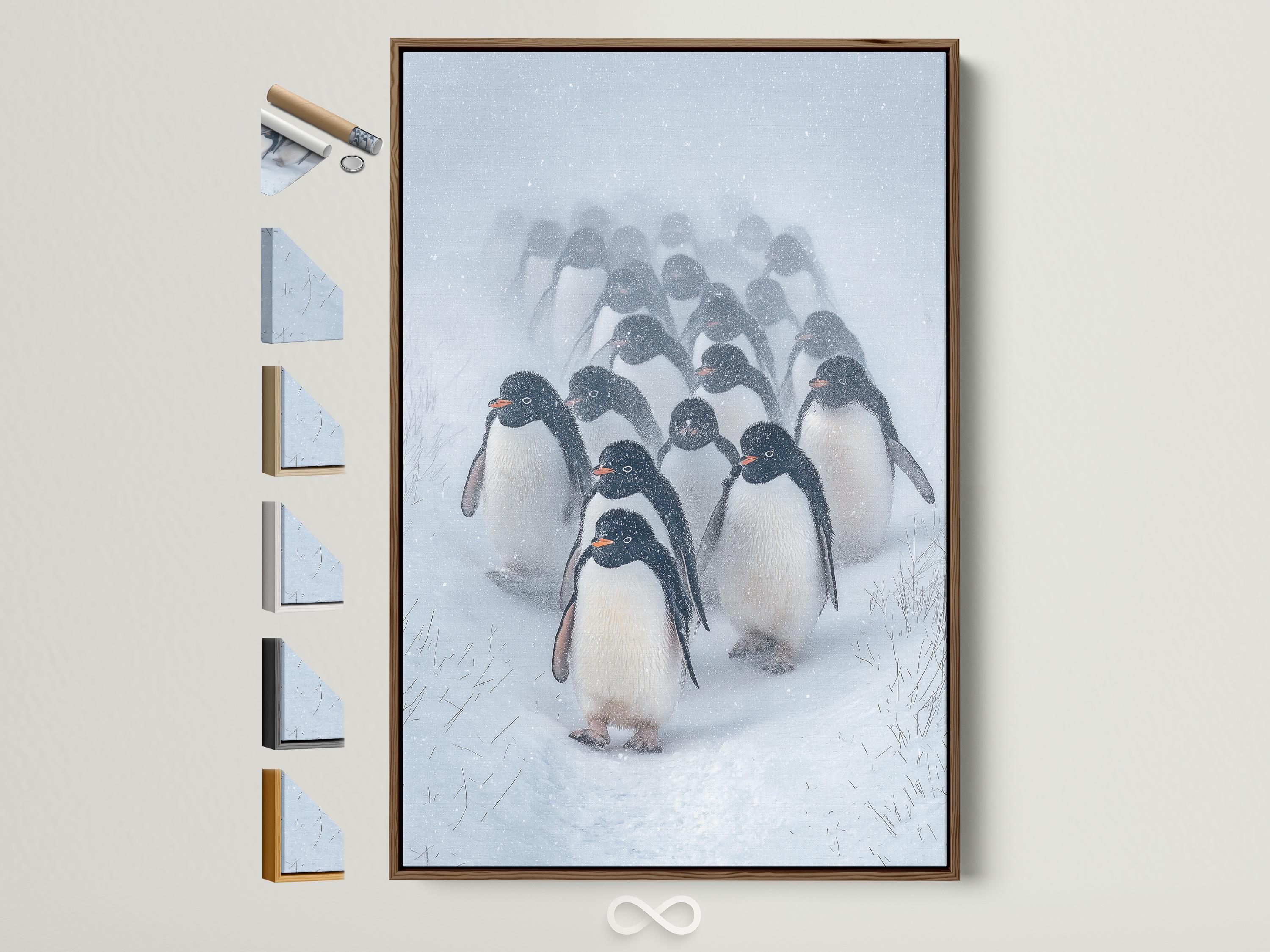 Snowy winter scene with a group of penguins in monochrome tones, with falling snow