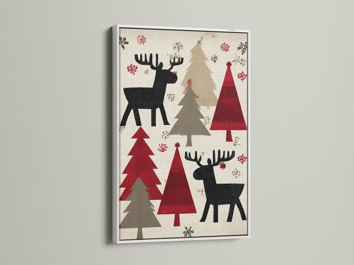 Room mockup showing a framed festive moose artwork with Christmas trees and snowflakes