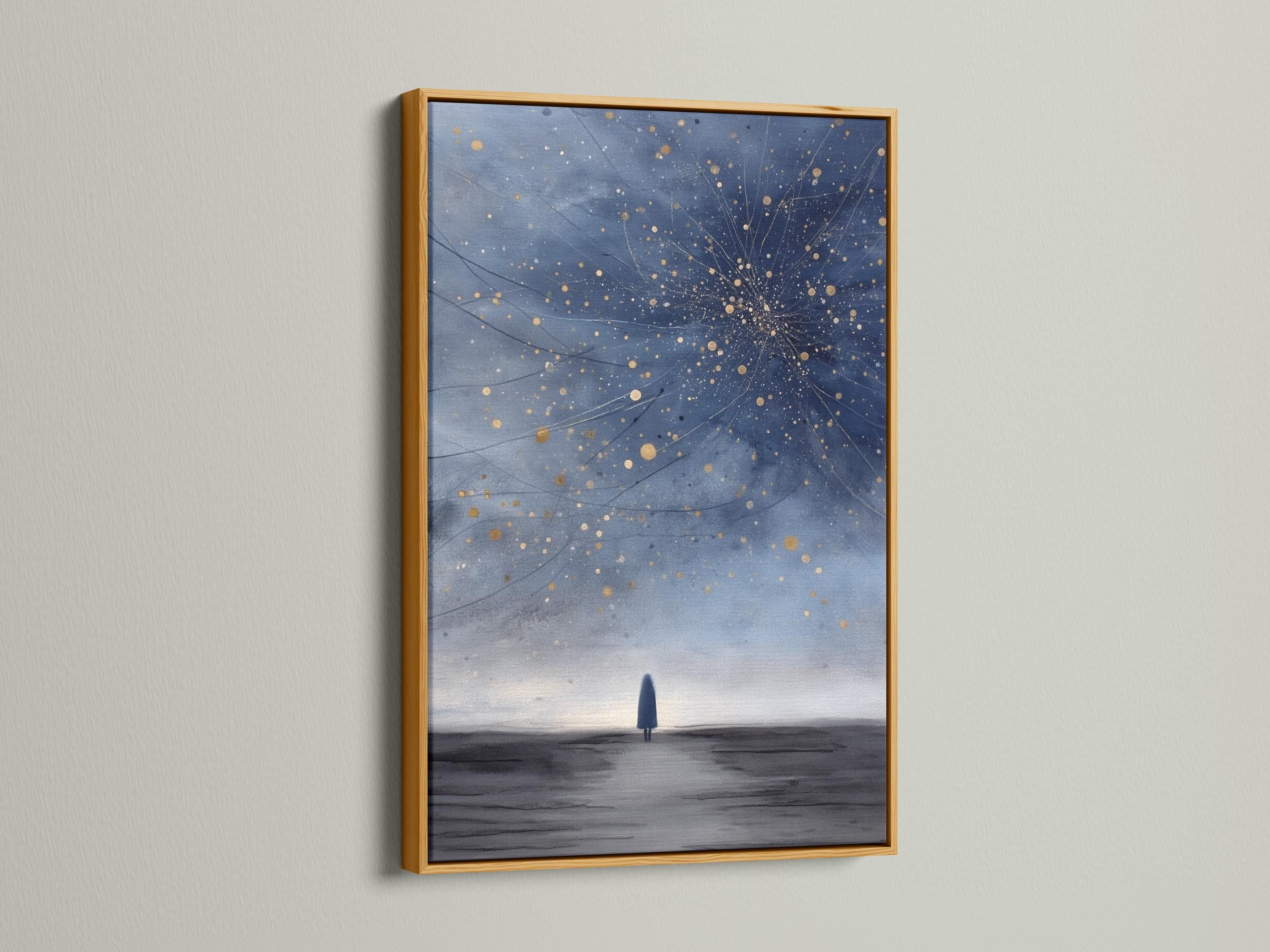 Room mockup showing framed navy blue starry night artwork with golden star dots and cosmic lines