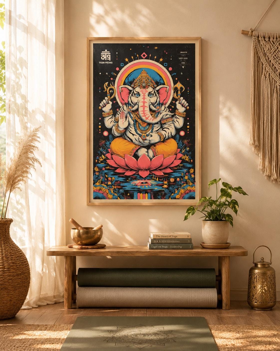 Colourful elephant-headed deity seated above a pink lotus on a dark starry background detail view