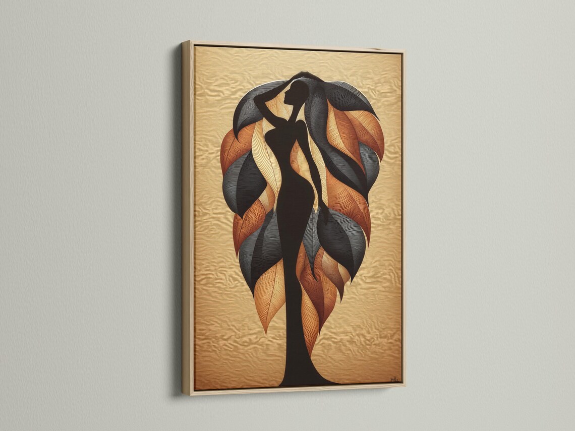 Leaf silhouette artwork with a dark figure shape and swirling burnt orange leaf forms on a beige textured background detail view