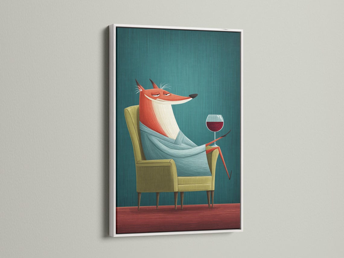 Fox wall art mockup showing a fox with a wine glass on a teal background