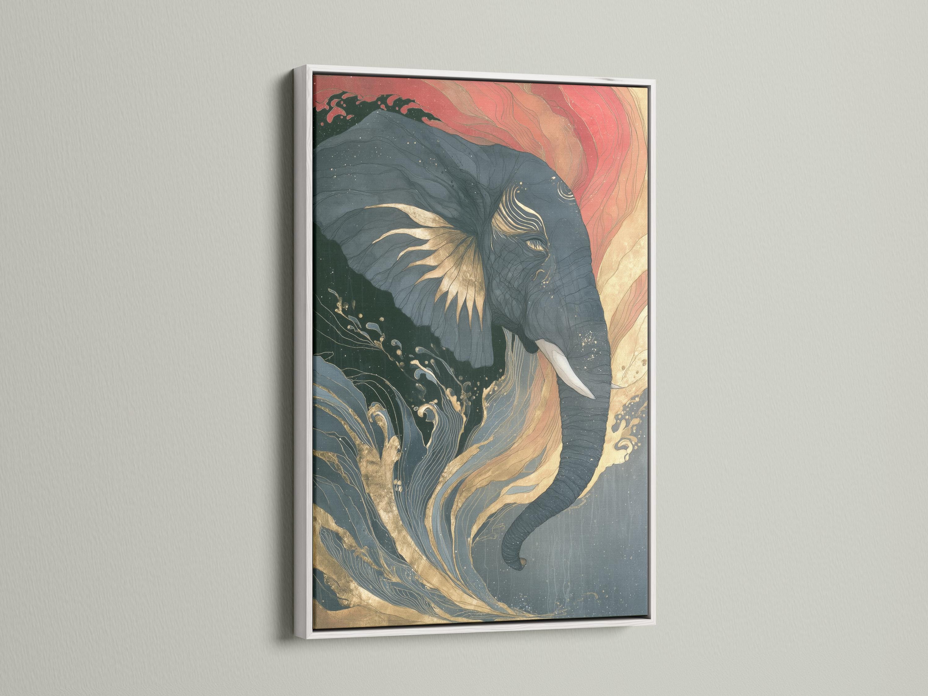 Abstract elephant portrait with swirling wave patterns in muted teal, coral pink and warm gold lines detail view