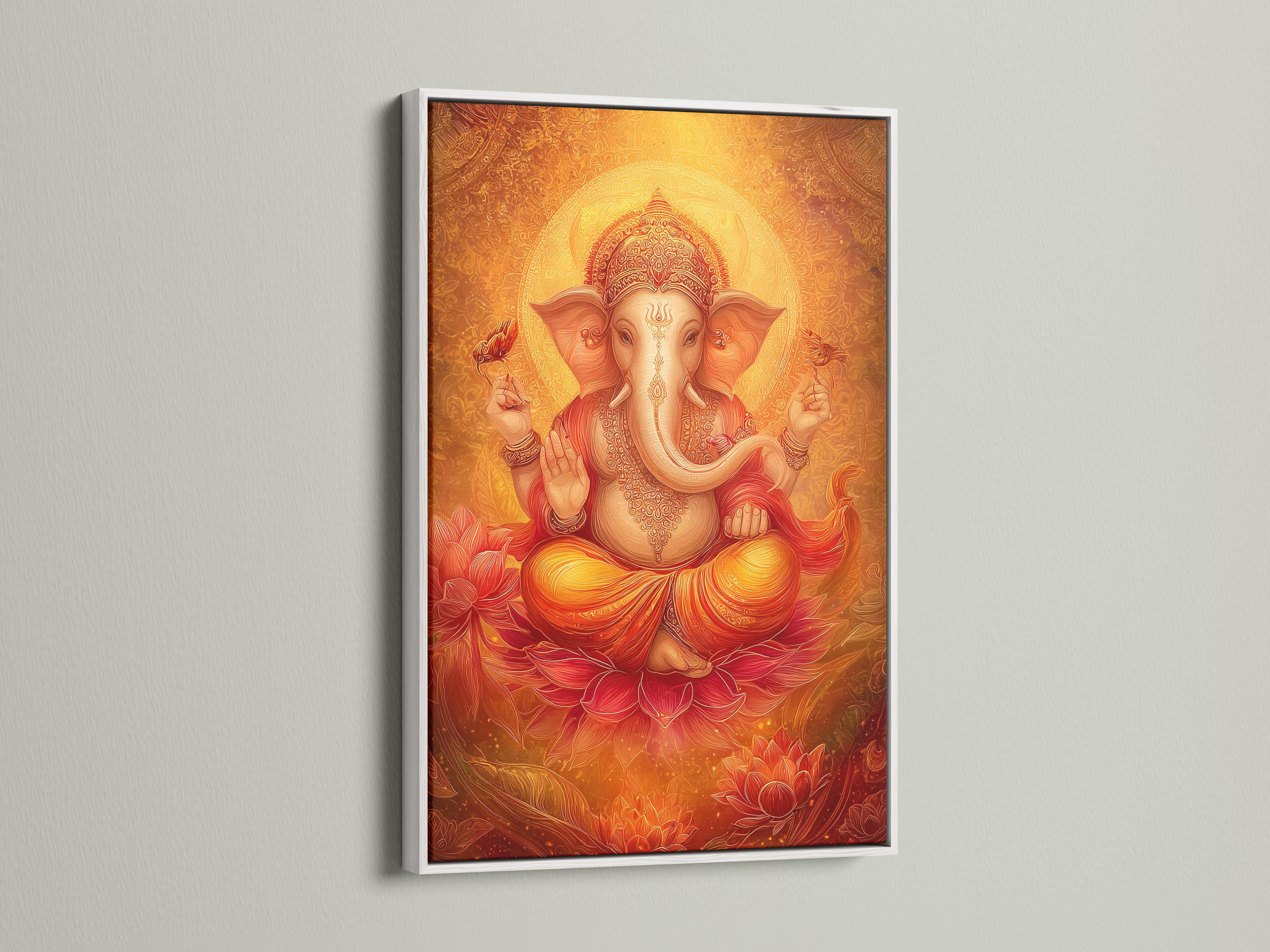 A golden-orange stylised elephant-headed deity figure sits at the centre, surrounded by ornate patterning and red lotus flowers on a warm decorative