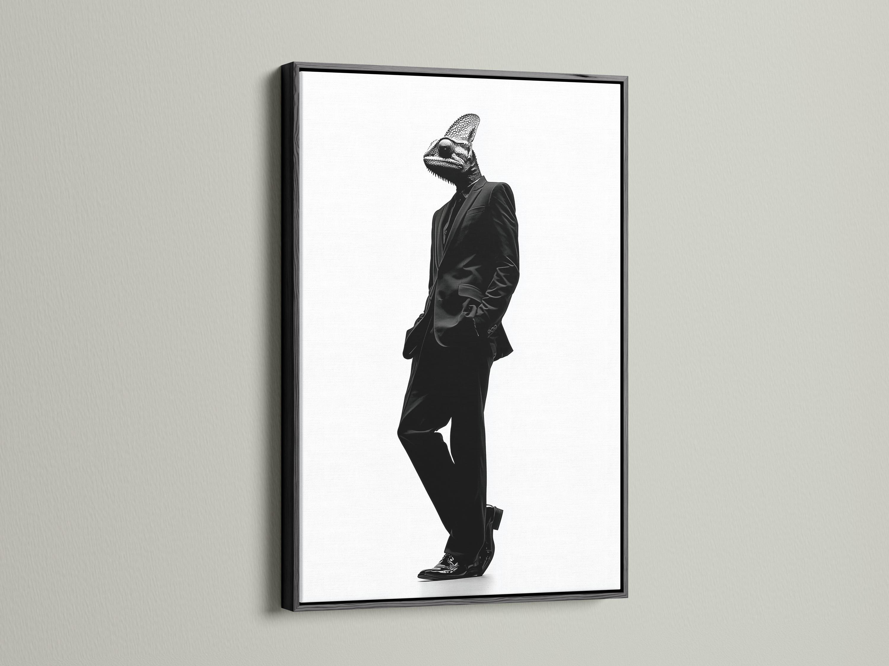 A monochrome chameleon head and suited figure walk in profile against a bright white background, rendered in high-contrast ink-like detail detail view