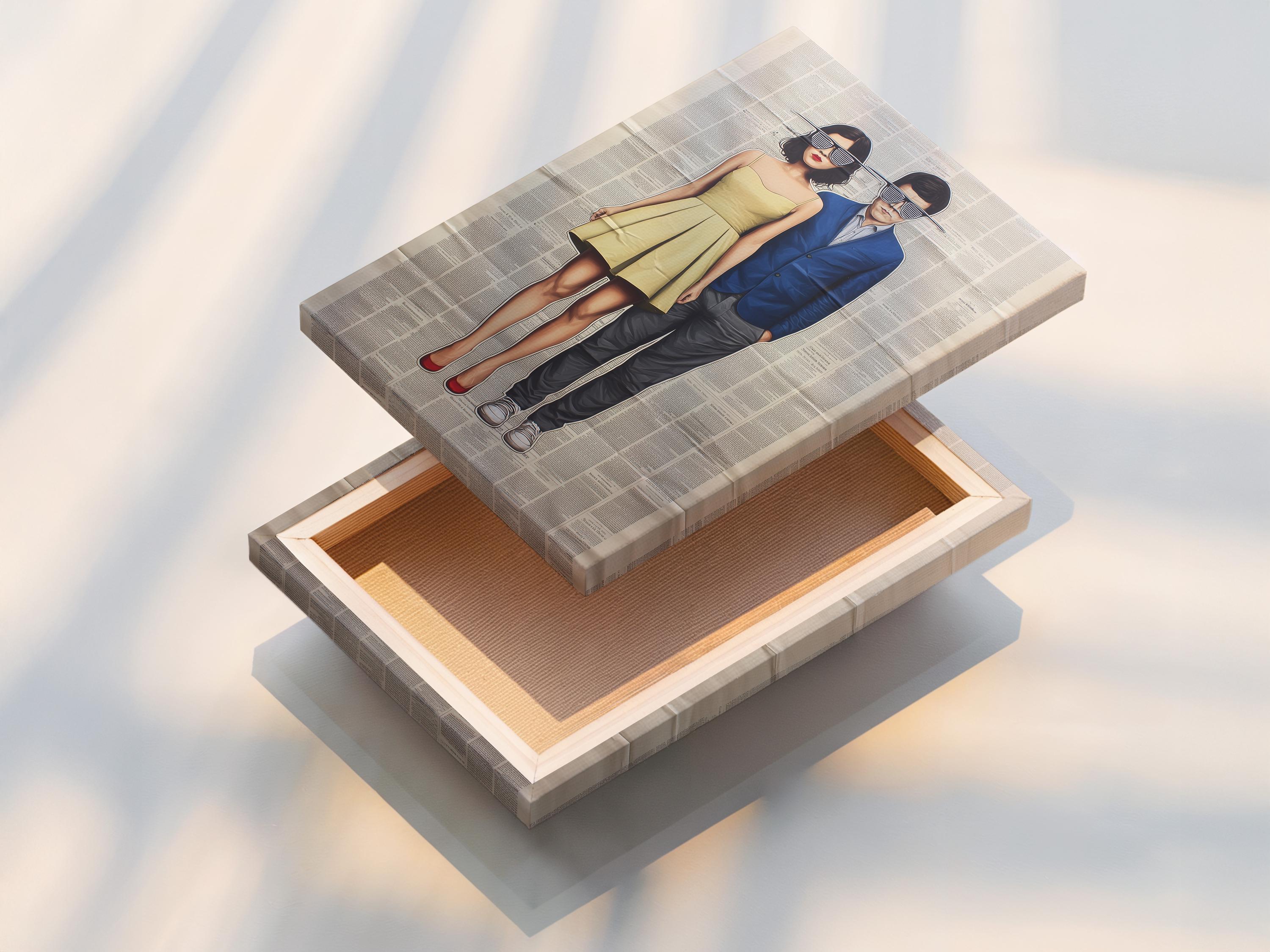 Wall mockup showing framed retro couple artwork with newspaper-text background
