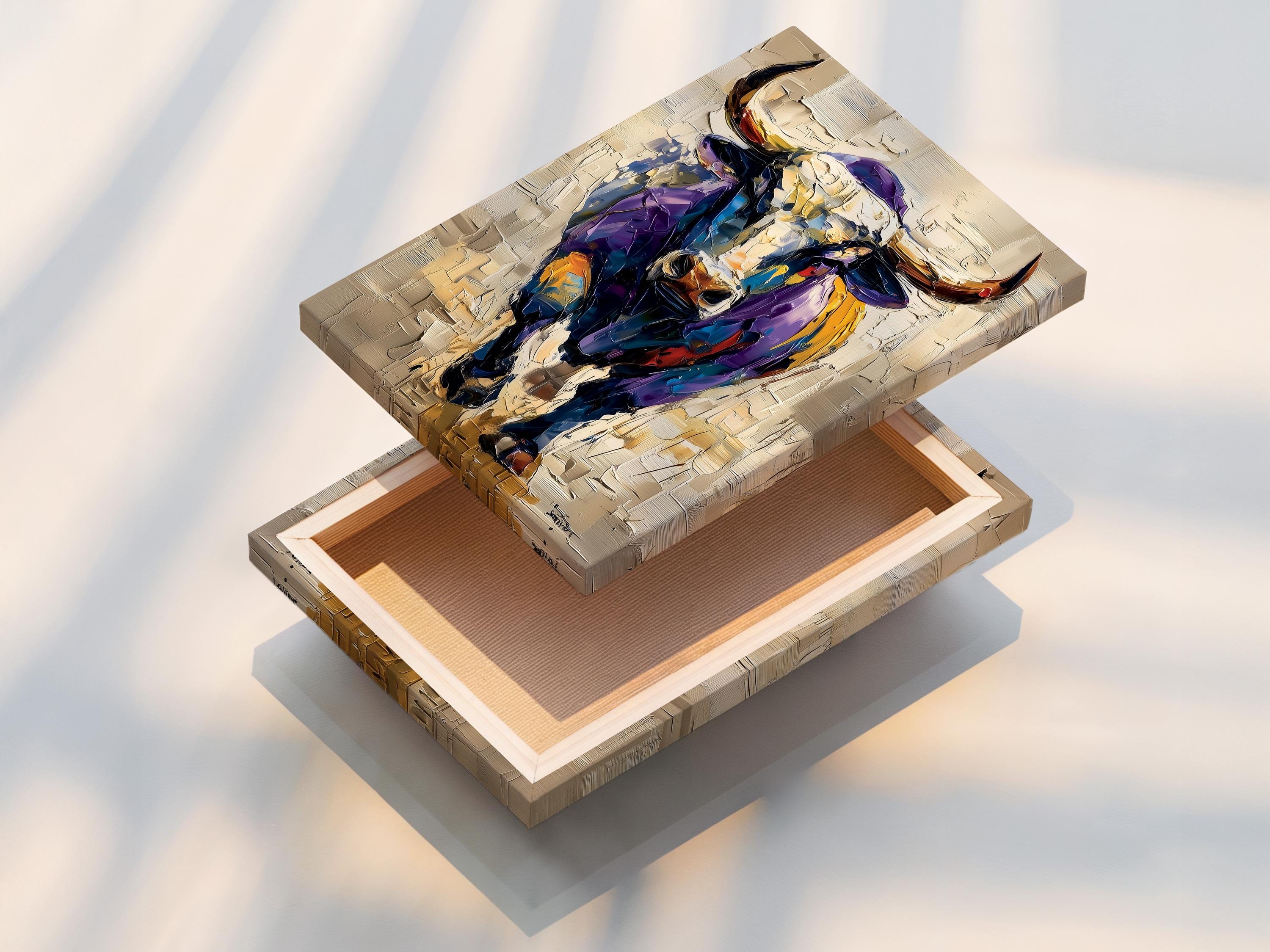 Stylised bull portrait with purple and blue tones, gold accents and a textured beige background detail view