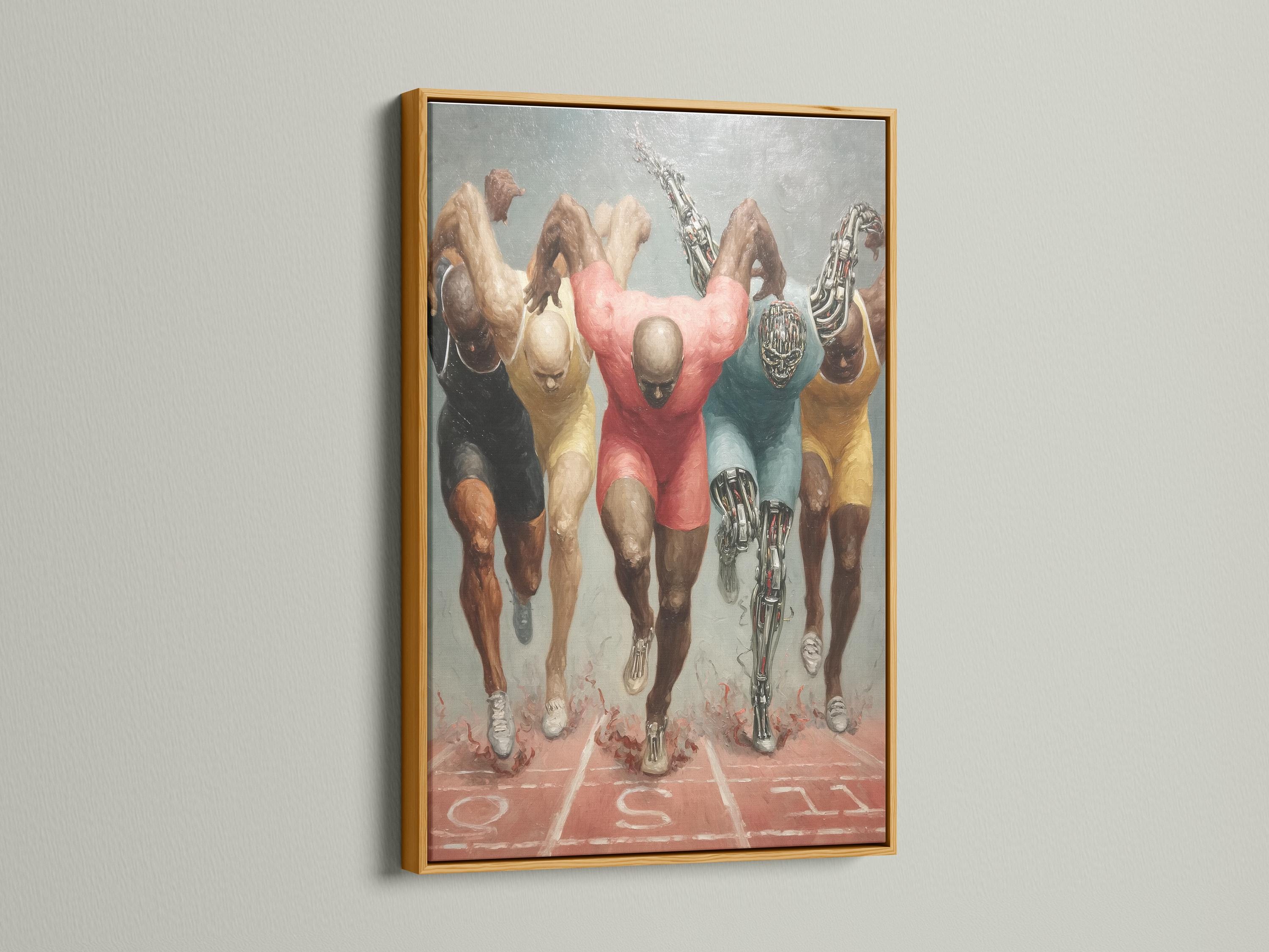 Painterly running cyborg runners with chrome robotic legs on a track-like ground detail view