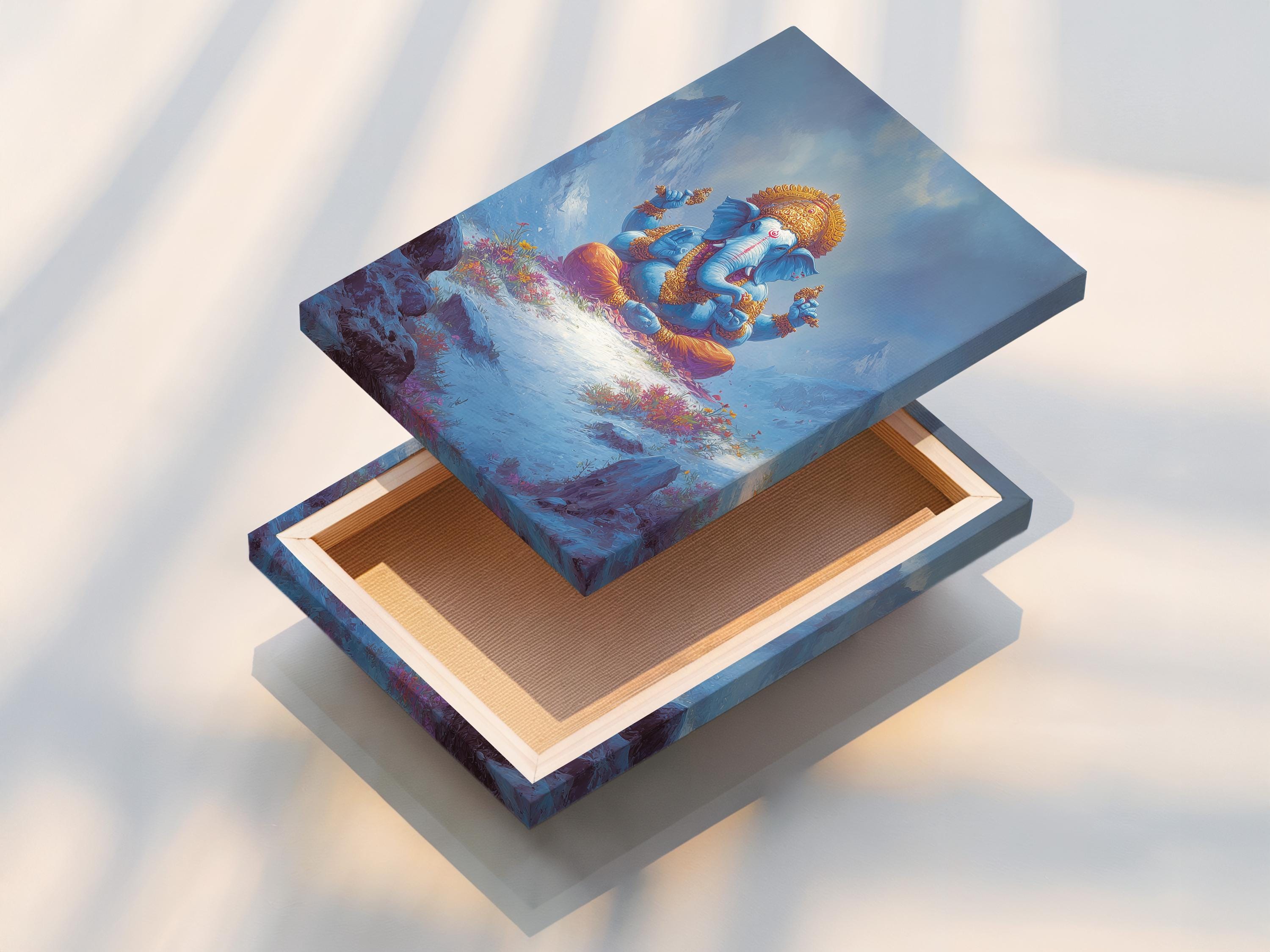 Framed artwork mockup showing a blue elephant-headed deity figure seated in meditation in a misty mountain scene
