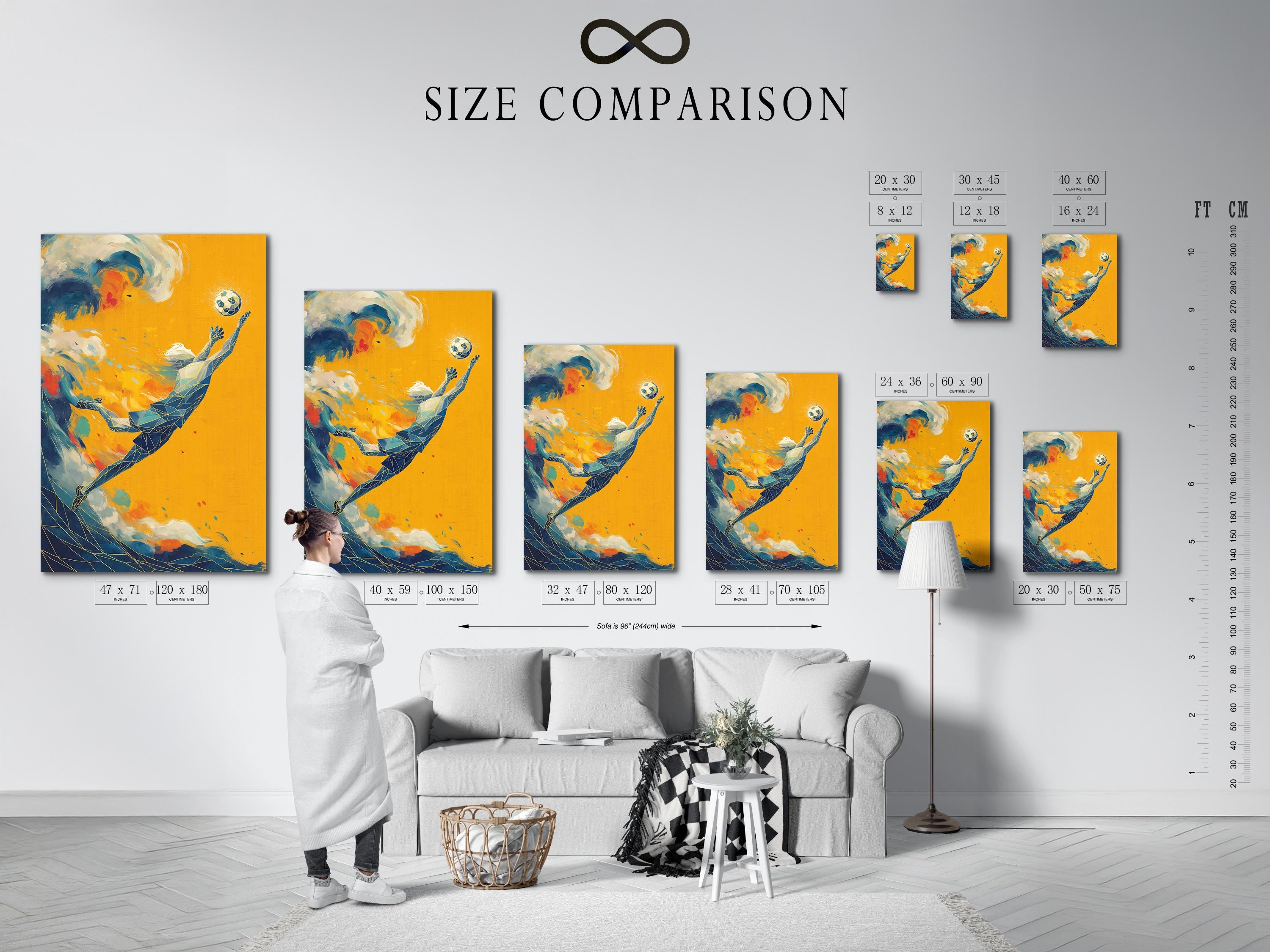 Geometric soccer player wall artwork shown in a framed mockup on a light wall