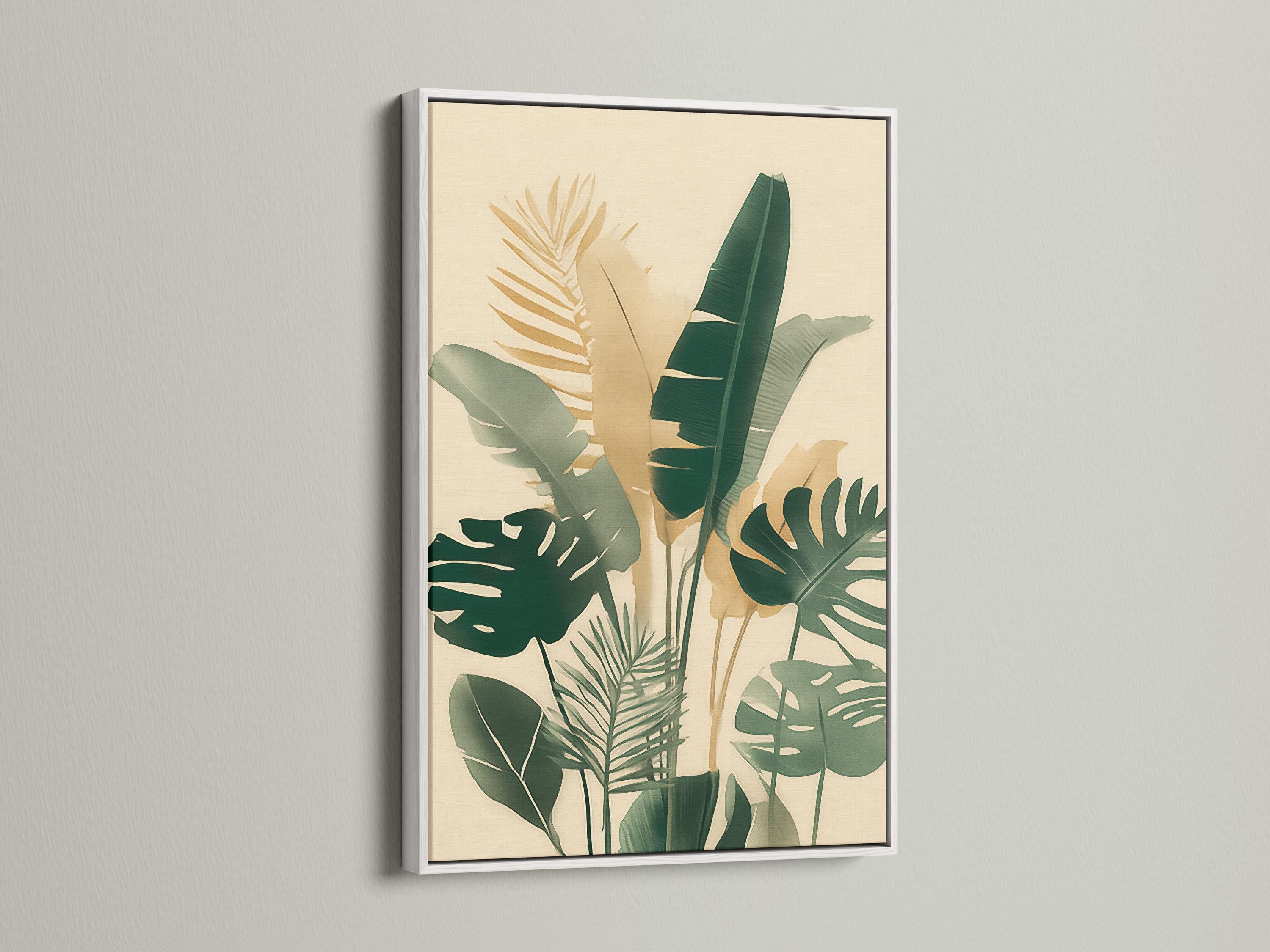 Room mockup showing framed botanical artwork with tropical leaves in cream and green