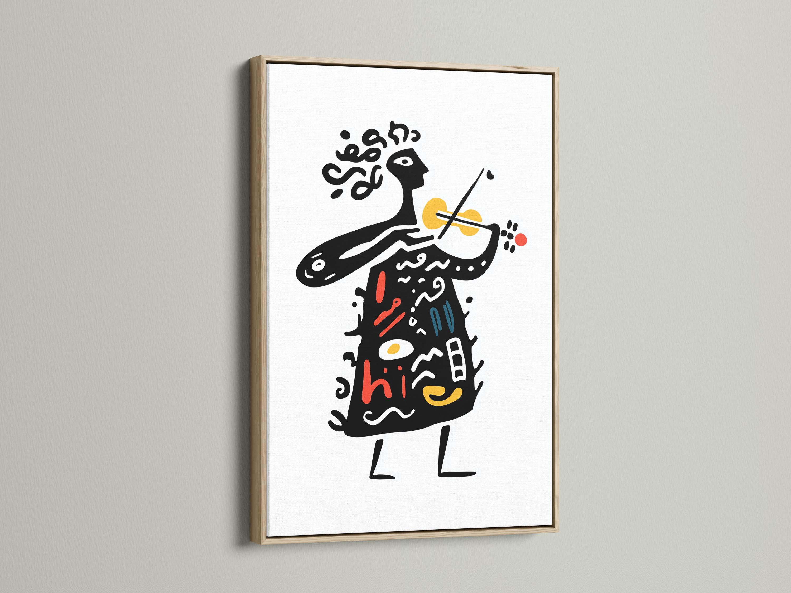 Room mockup showing a framed abstract musician illustration with trumpet, red and yellow accents on a white background