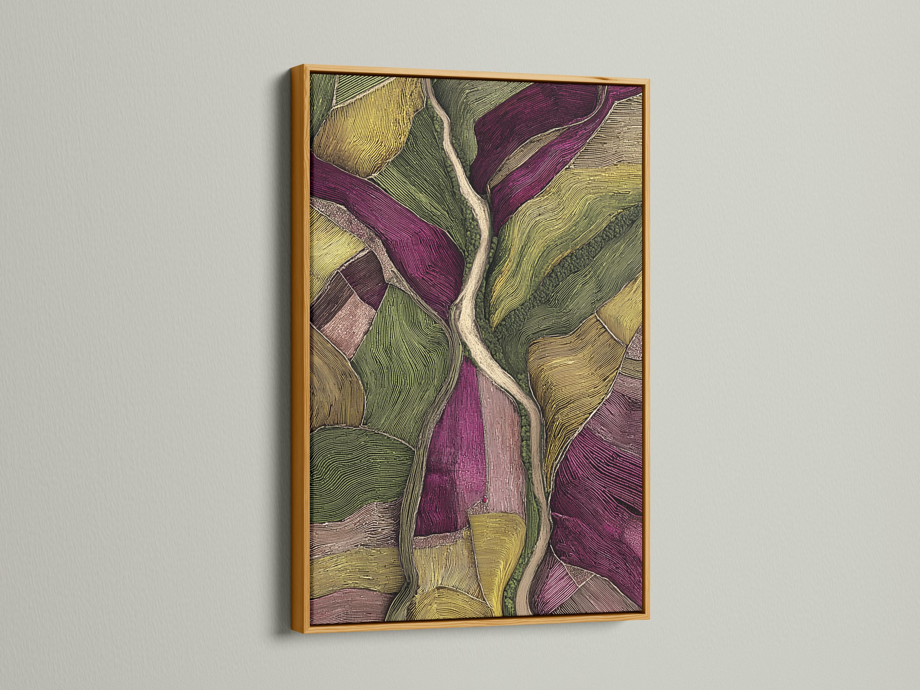 Room mockup with a framed abstract landscape artwork in green and plum tones