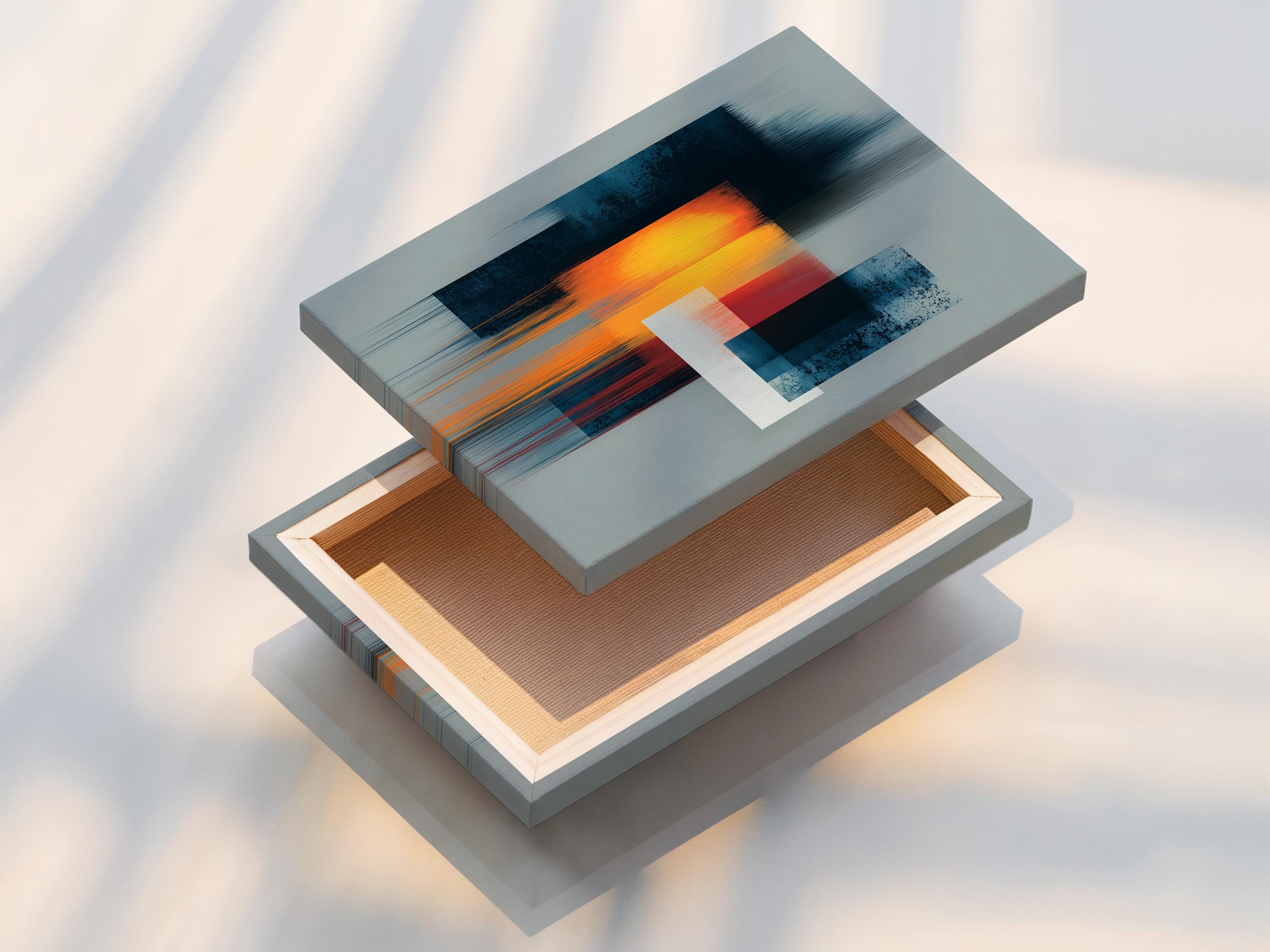 Geometric abstract artwork with teal and grey blocks and a glowing orange-yellow square detail view