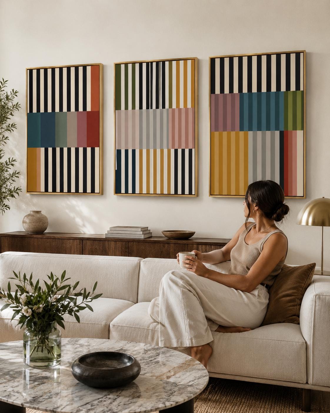 Living room scene featuring three framed geometric stripe artworks