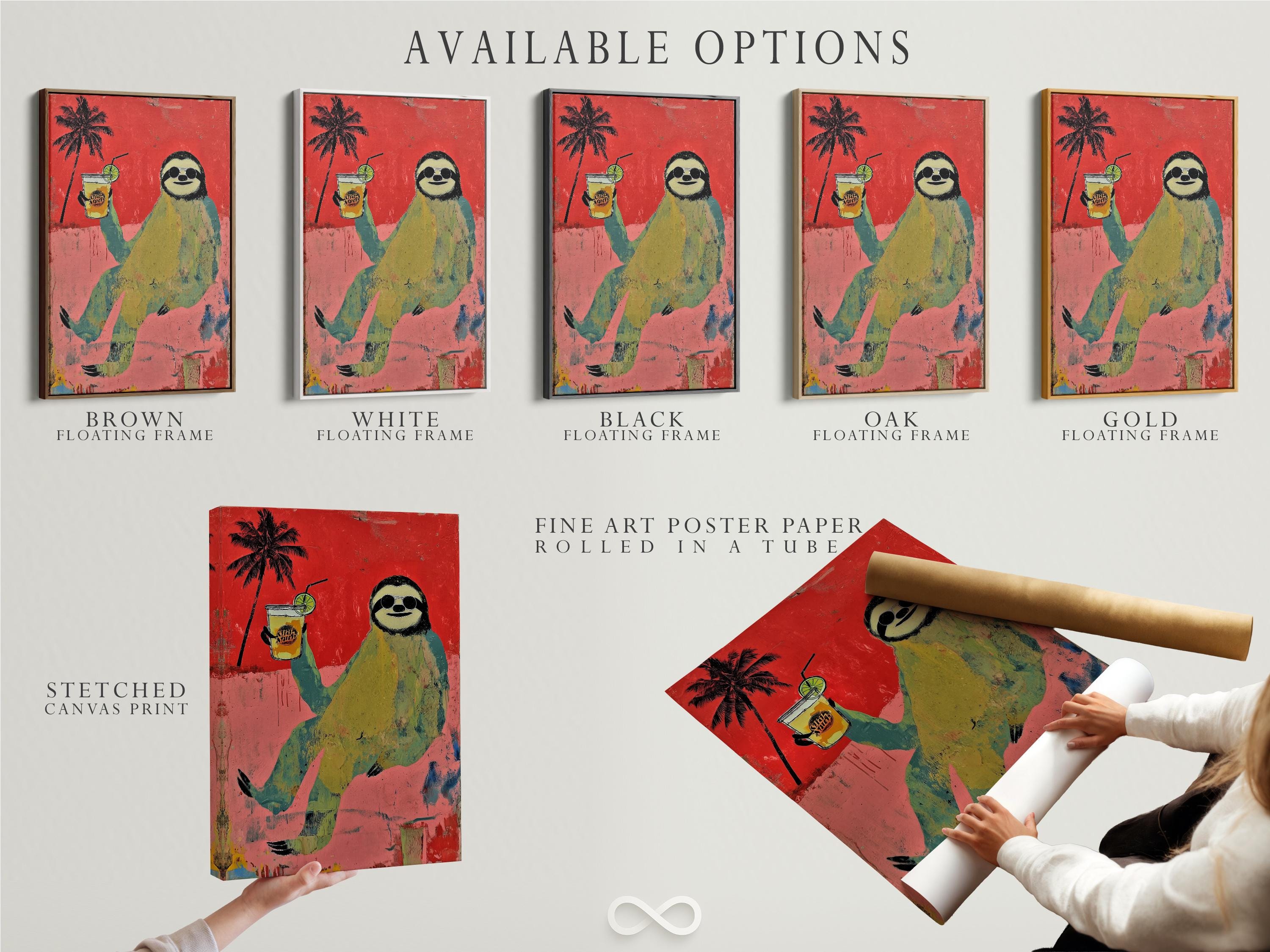 Cartoon sloth with round goggles holding a green drink with straw and lime slice, beside a palm tree on a red textured background detail view