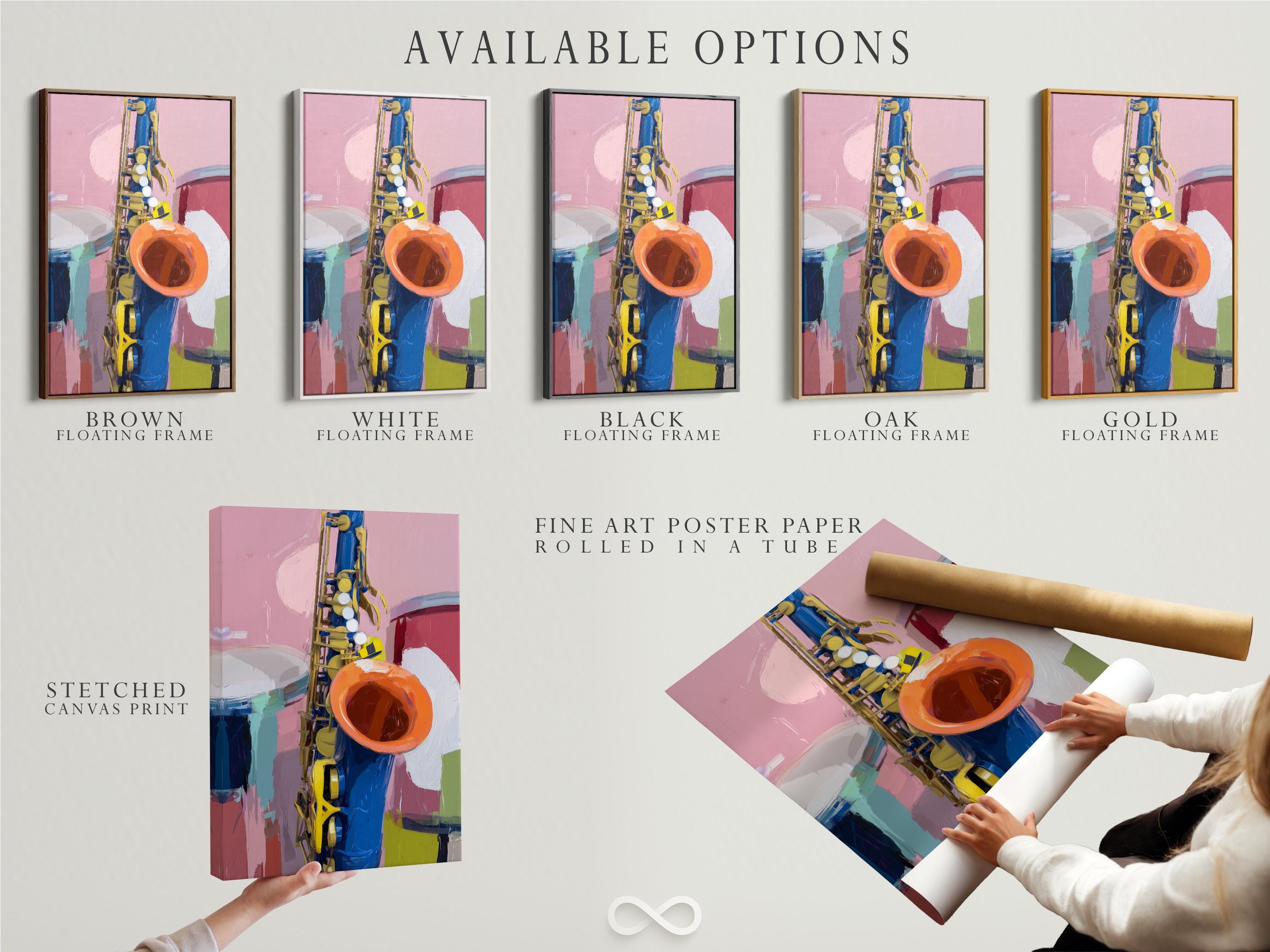 Square framed artwork mockup showing a colourful saxophone illustration on a wall