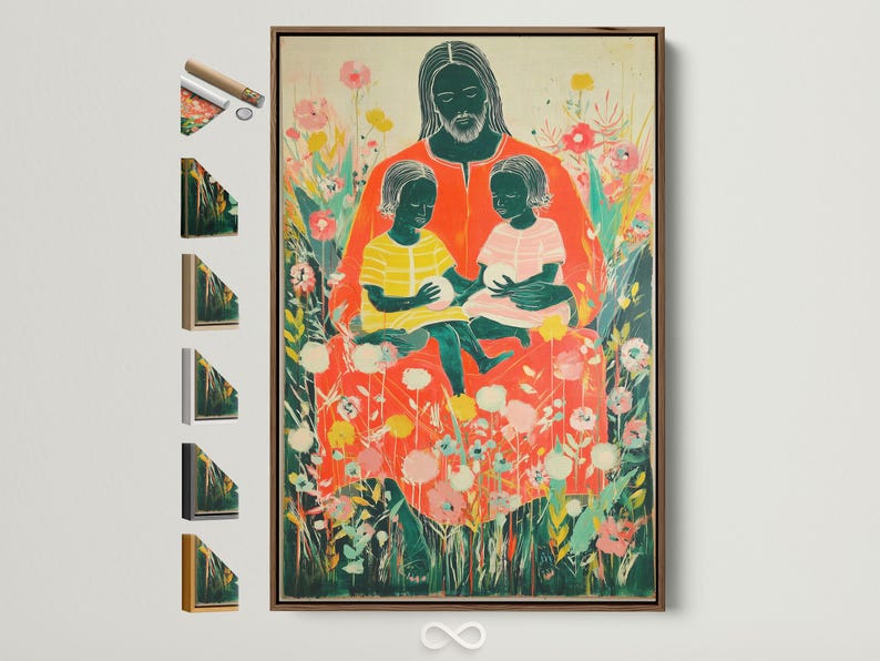 Stylised adult figure holding two children amid dense green foliage and pink, peach and white blossoms