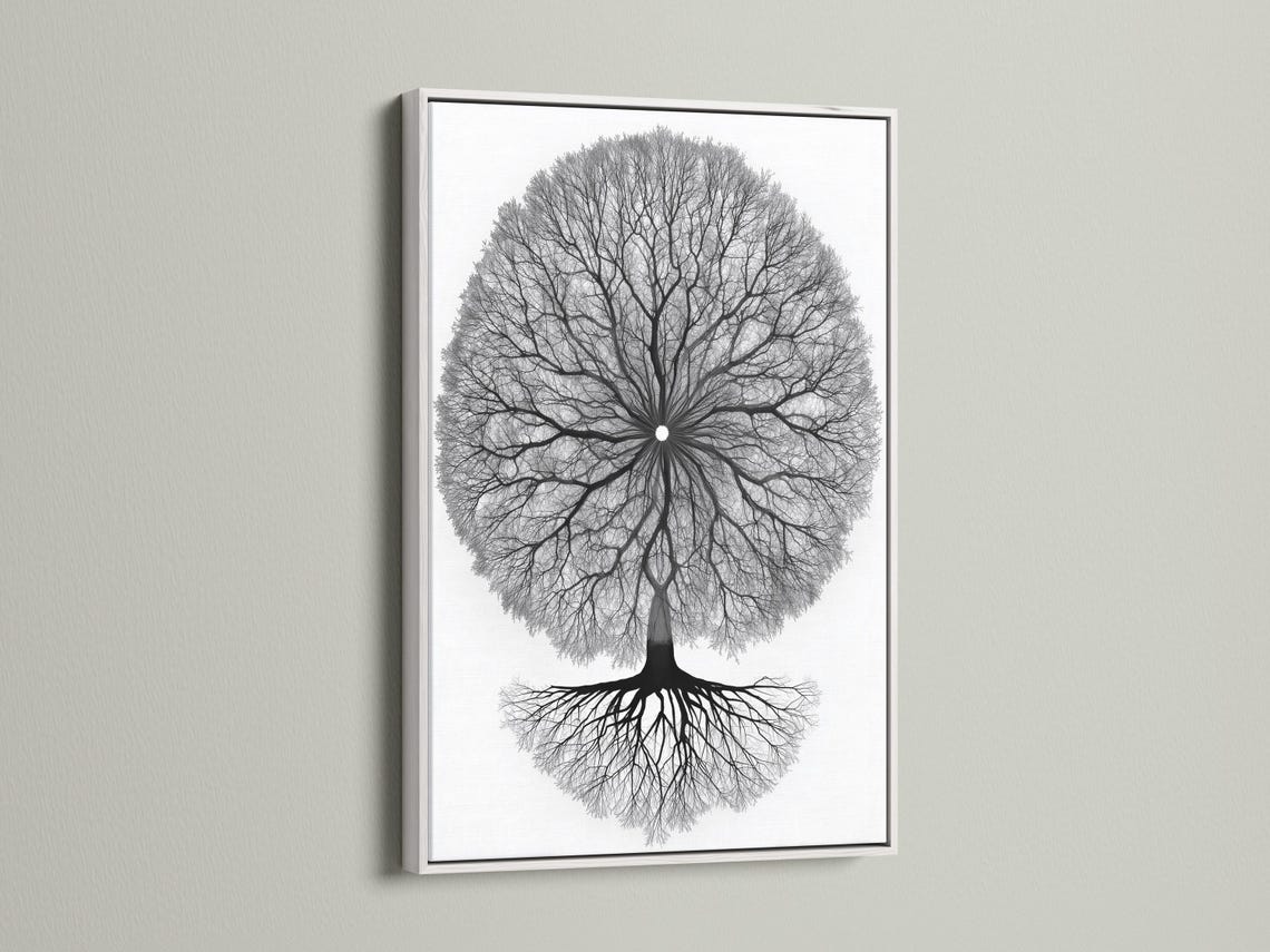 Monochrome tree of life artwork with a circular mandala-like canopy of branches and roots detail view