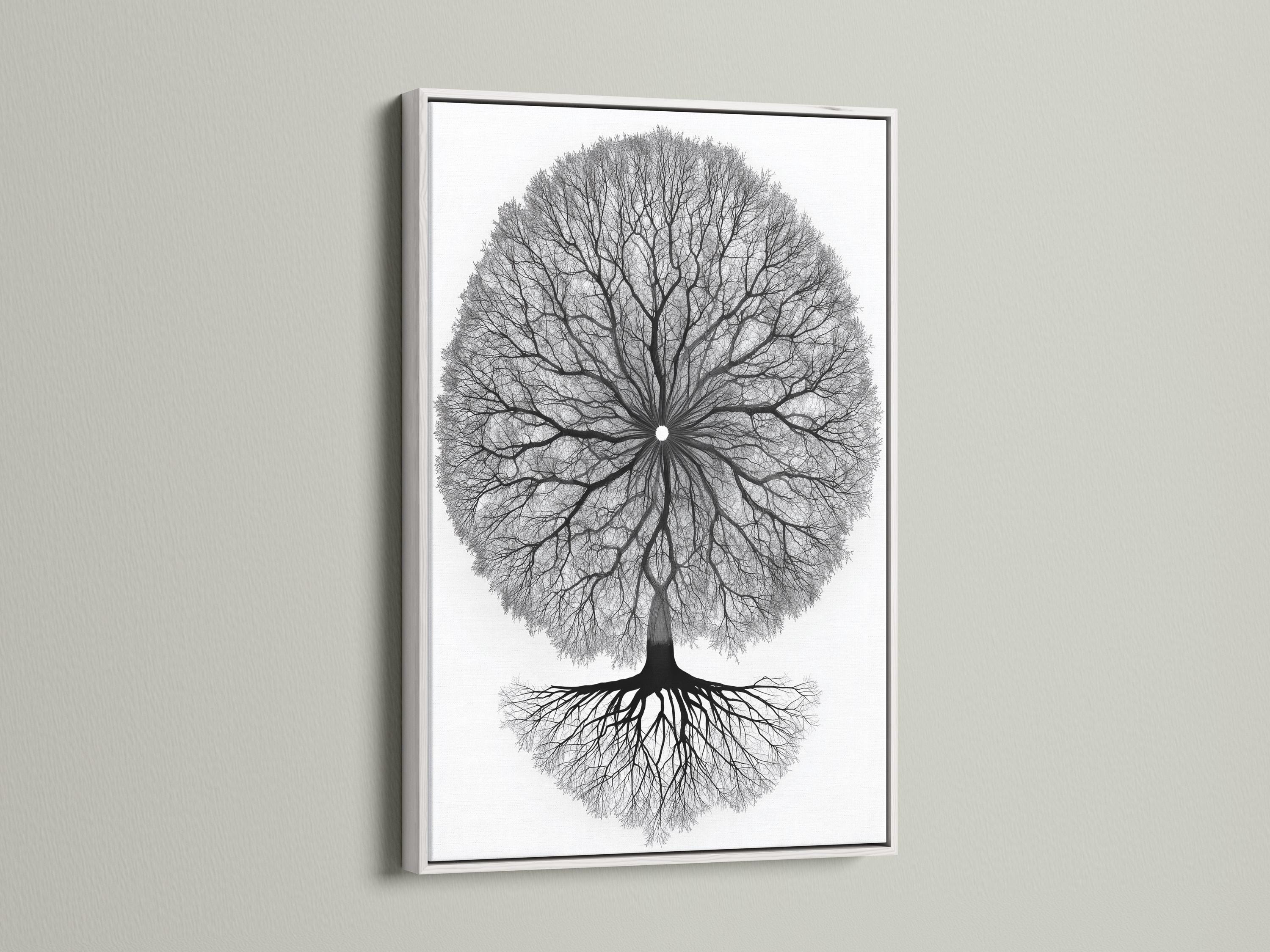 Monochrome tree of life artwork with a circular mandala-like canopy of branches and roots detail view