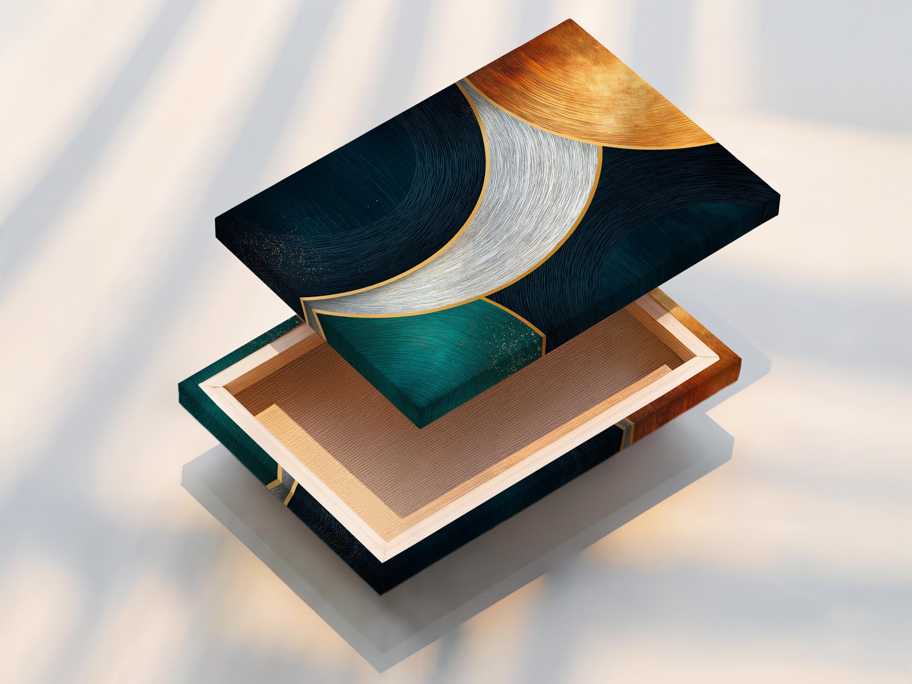 Abstract geometric artwork with teal and navy curved circles and gold outlines detail view