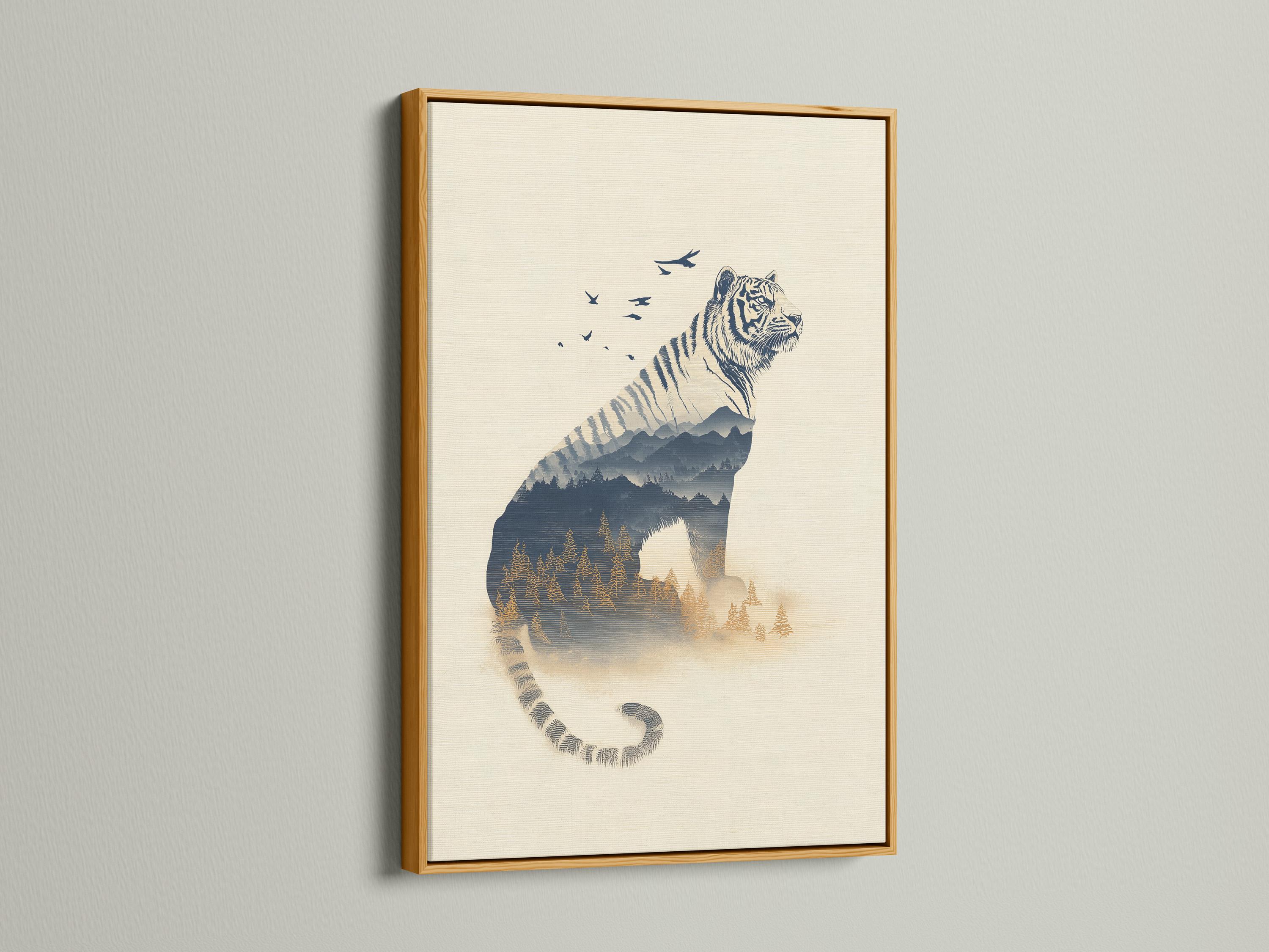 Tiger wall art mockup with double exposure forest layers and birds in flight