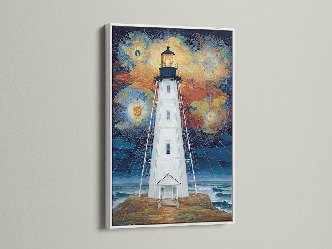 Geometric lighthouse painting with starry night sky and swirling circular light patterns detail view