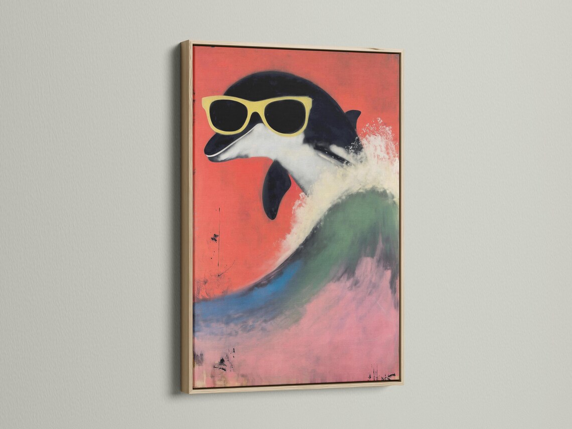 Stylised dolphin wearing oversized sunglasses against a coral red background with teal wave-like colours detail view