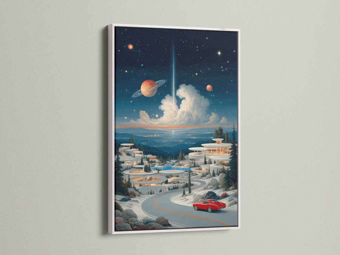 Surreal space landscape with planets, stars, snowy futuristic buildings and a red car on a winding road detail view