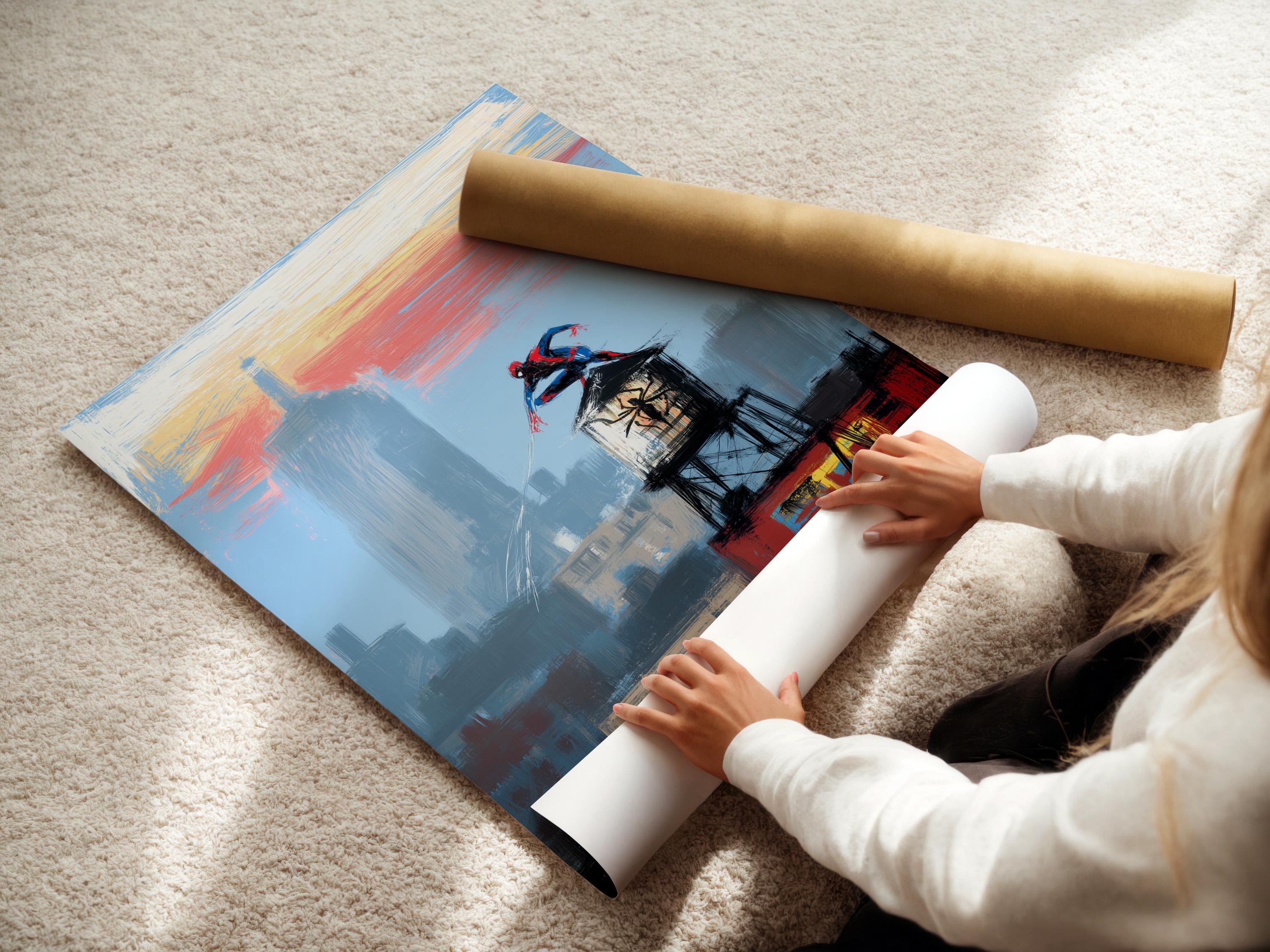 Framed blue city skyline artwork on a wall with a superhero figure and tall tower