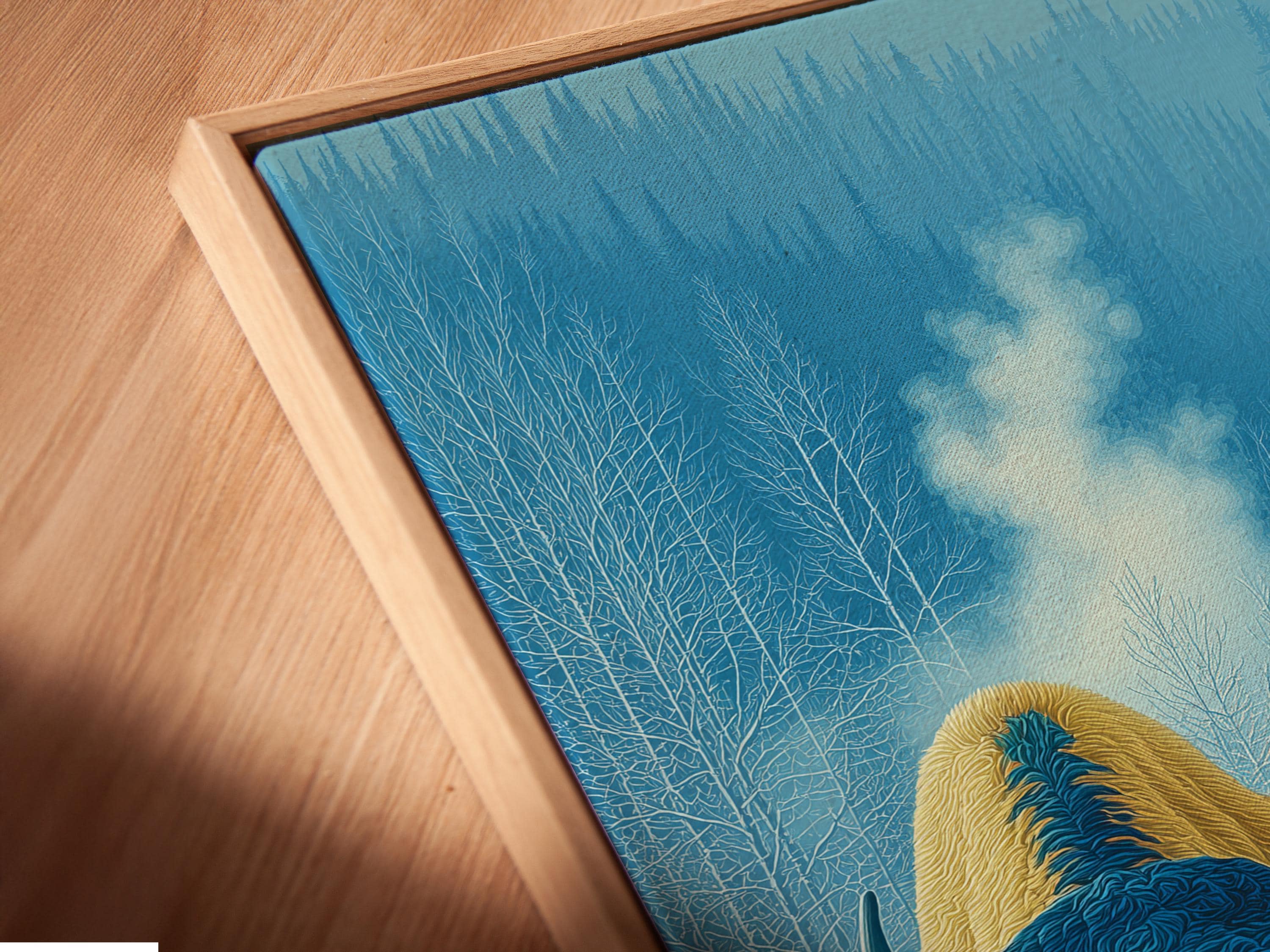 Two stylised bison in a snowy forest scene with cool blue trees and warm fur tones detail view
