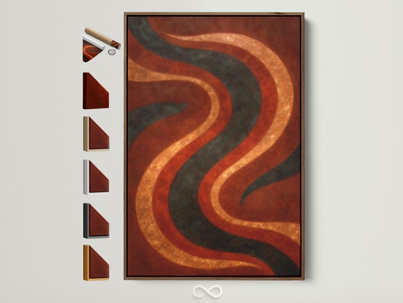 Abstract wave pattern with rust orange and amber gold curves and dark charcoal lines