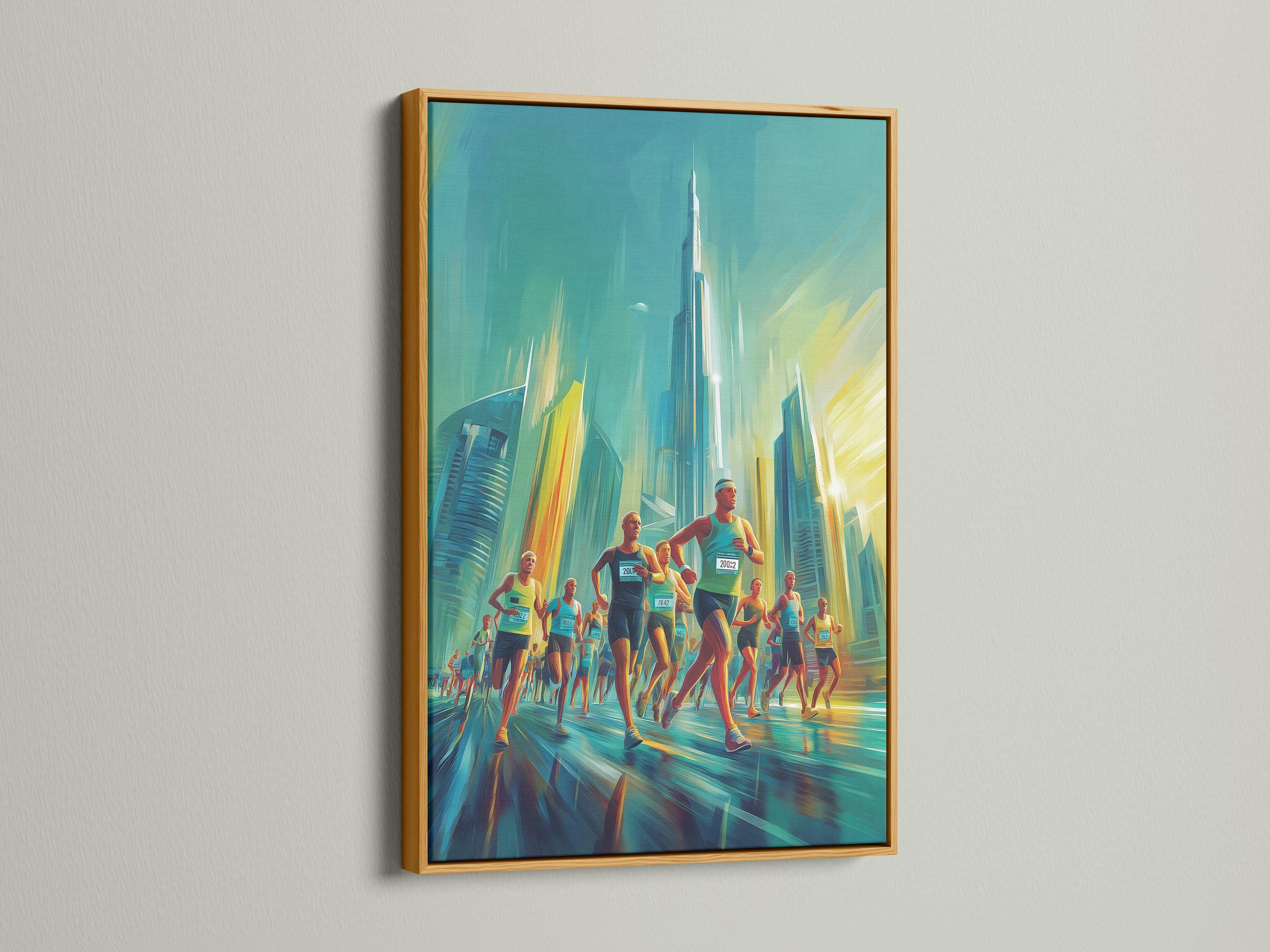 Teal urban marathon scene with runners in motion and a hazy city skyline detail view