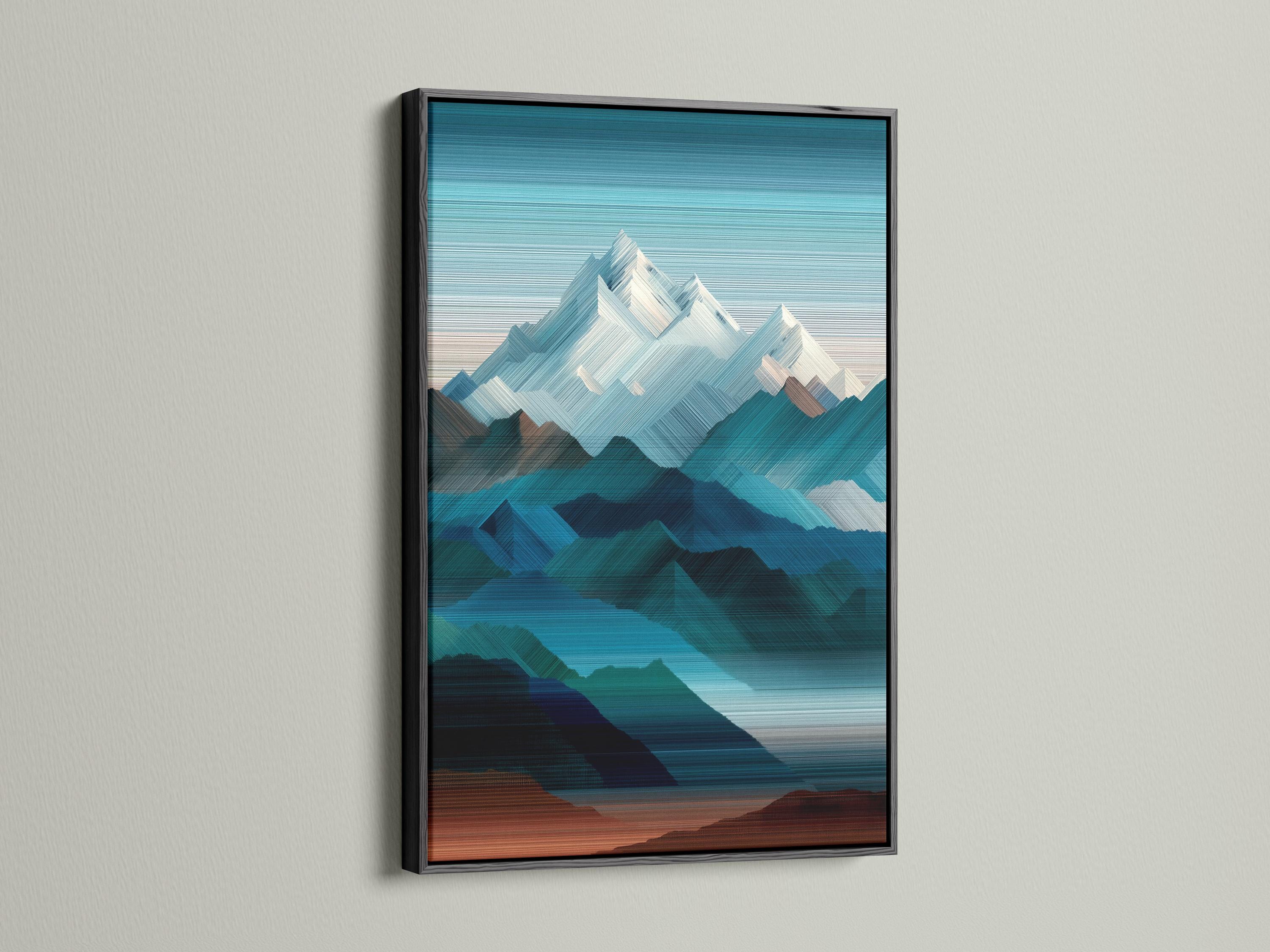 Abstract geometric mountainscape artwork with teal, navy and white peaks detail view