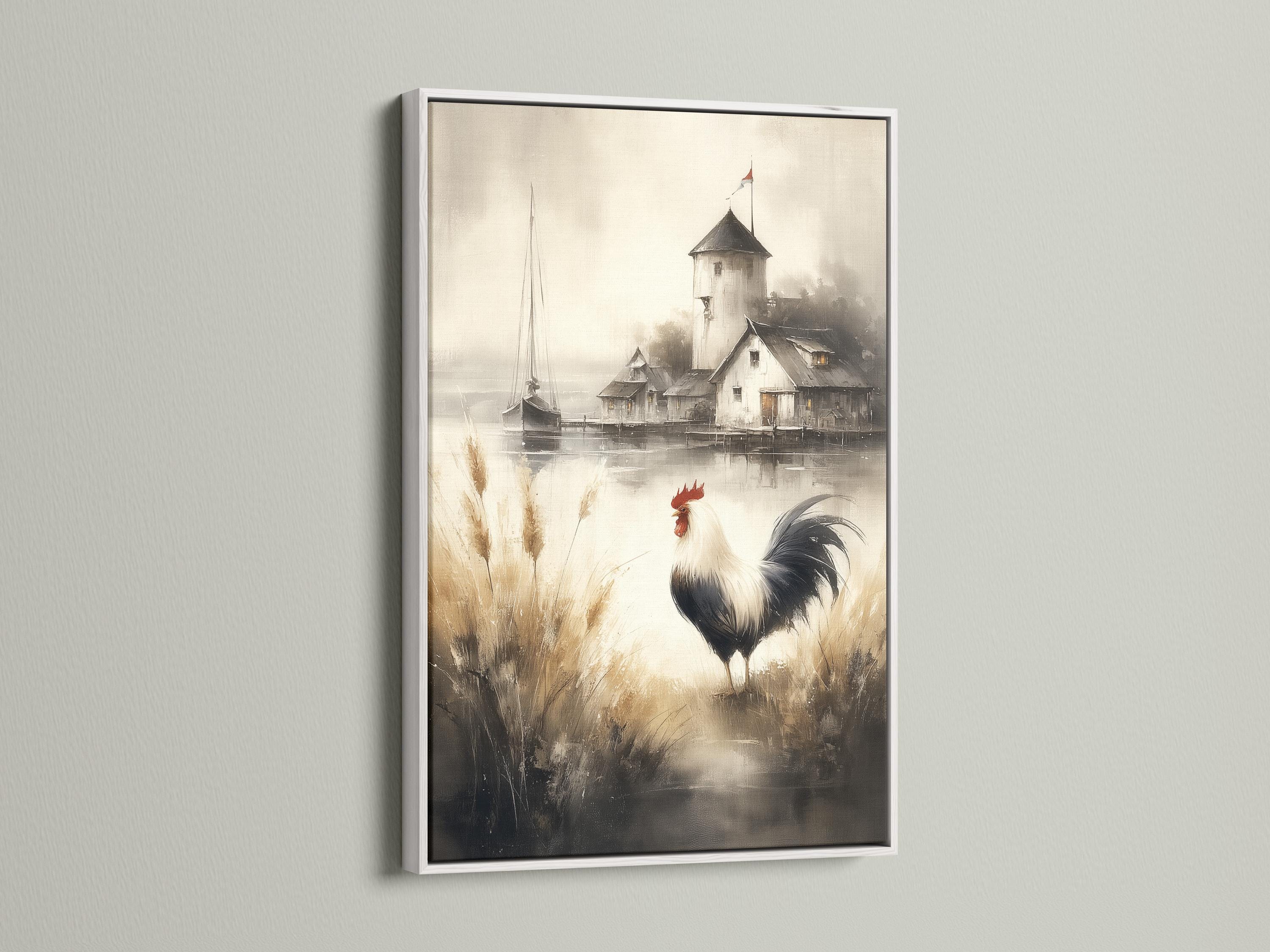 Rooster with red comb standing in tall grasses in a misty farm scene detail view