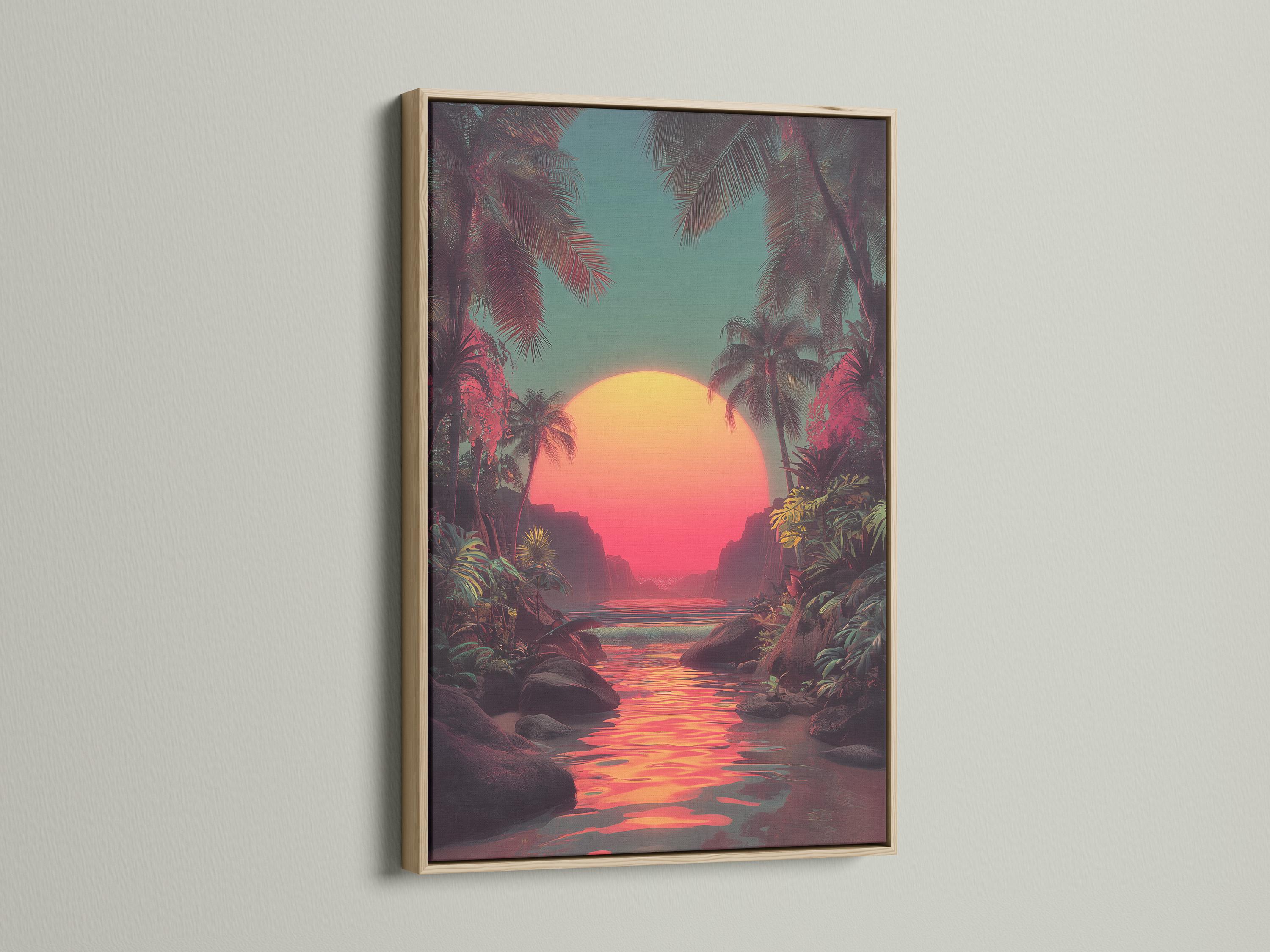 Mockup showing a framed retro tropical sunset seascape with palm trees and reflective water