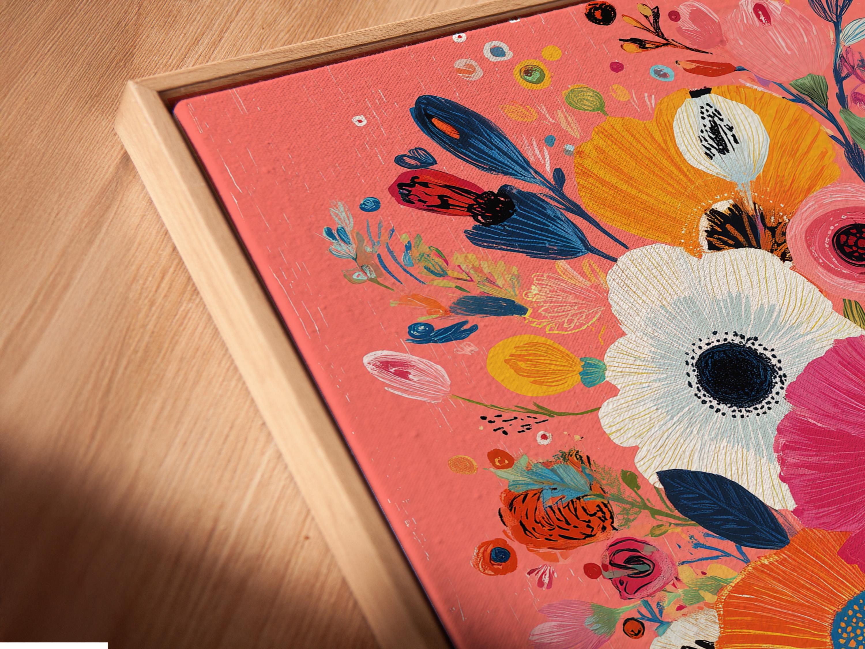 Stylised floral bouquet with large pink flowers in a blue vase on a coral background detail view