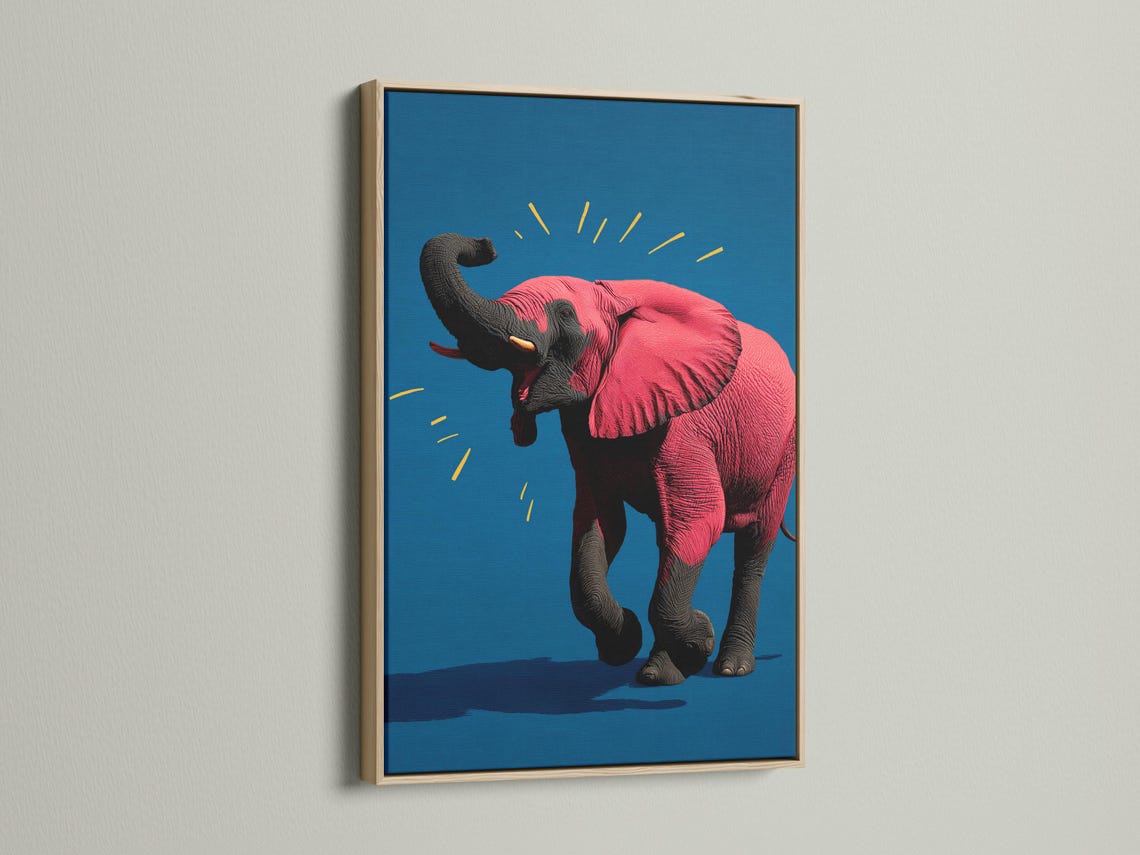Elephant artwork in a framed mockup on a light background