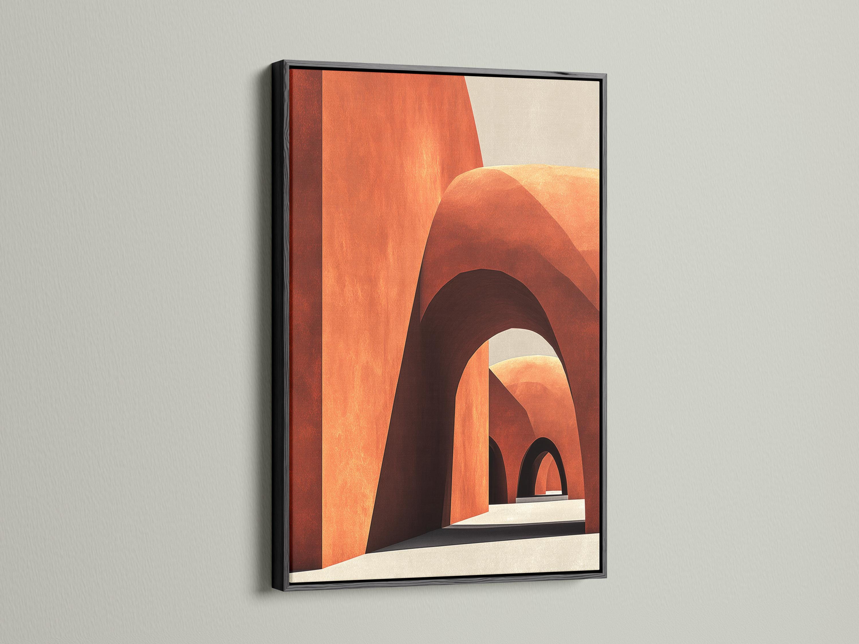 Abstract geometric archway artwork in terracotta, cream and dark outlines detail view